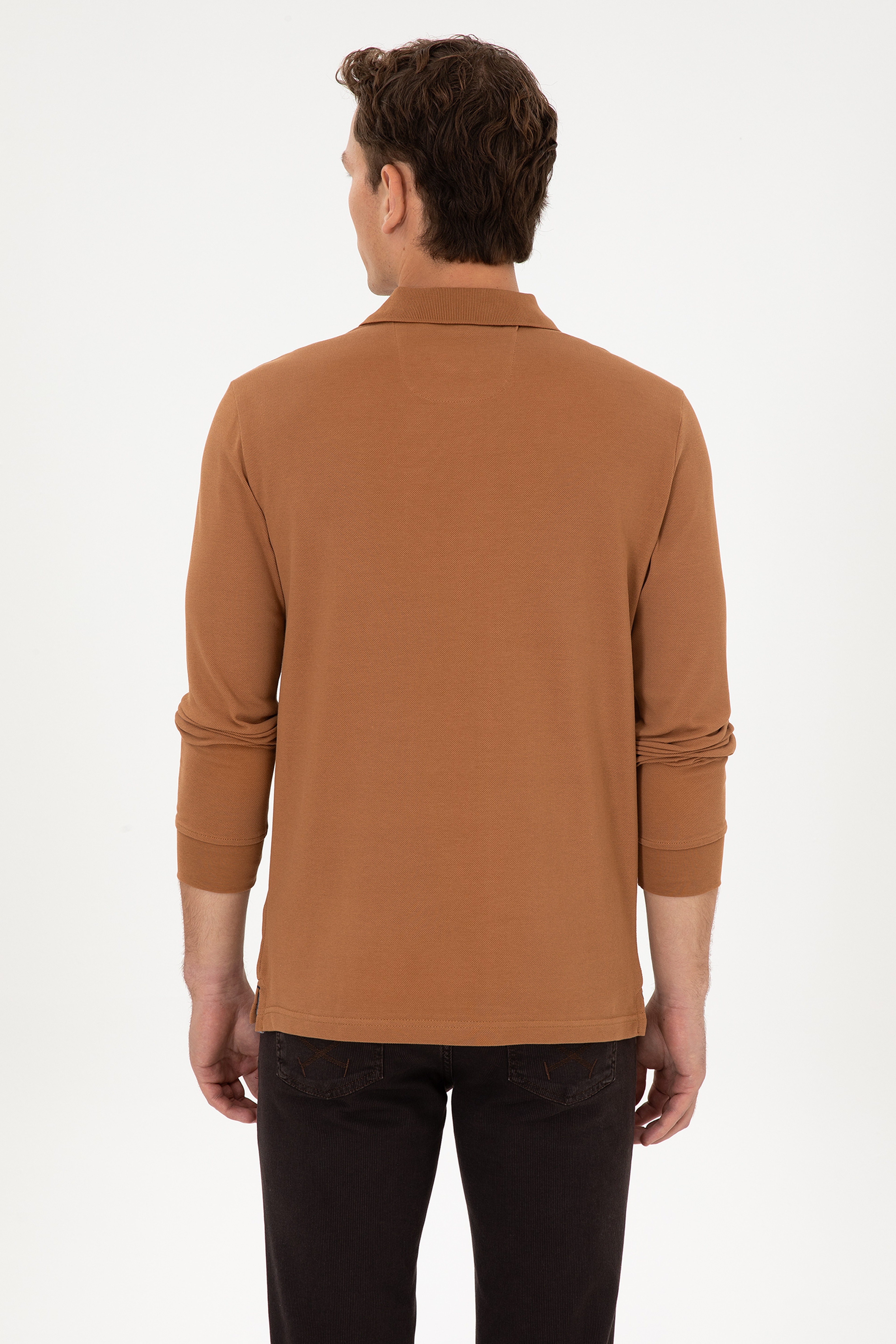 Erkek Regular Fit Polo Yaka Camel Basic Sweatshirt - Image 5