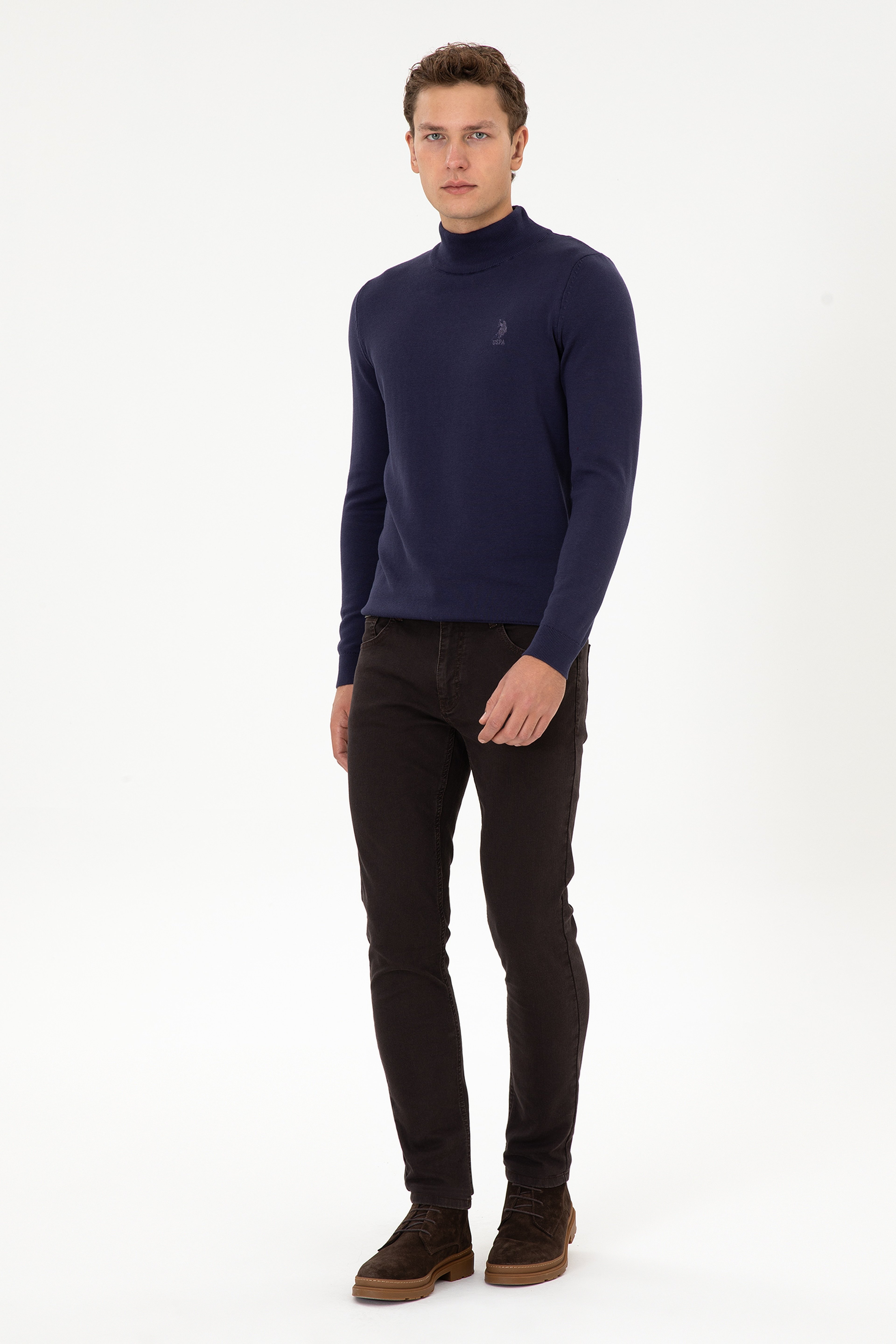Erkek Slim Fit Yarım Balıkçı Yaka Mürdüm Basic Kazak
