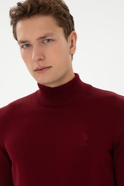 Erkek Slim Fit Yarım Boğazlı Bordo Basic Kazak
