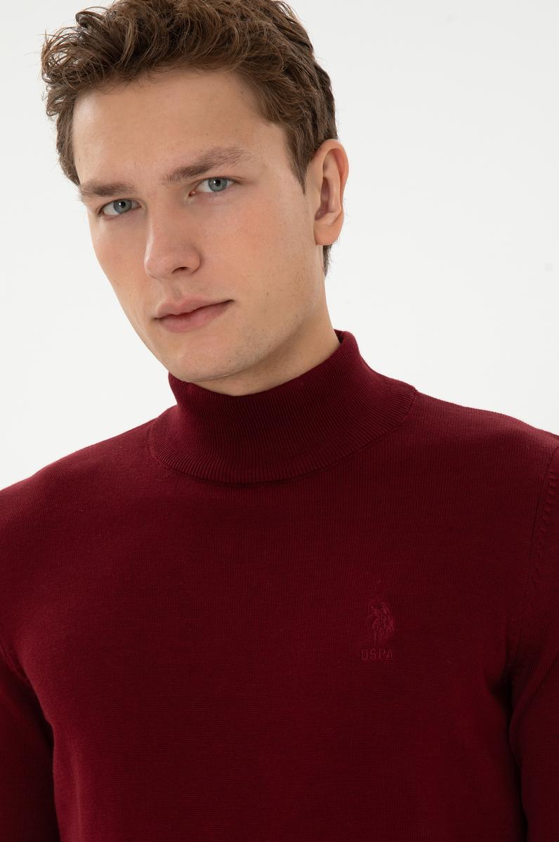 Erkek Slim Fit Yarım Boğazlı Bordo Basic Kazak
