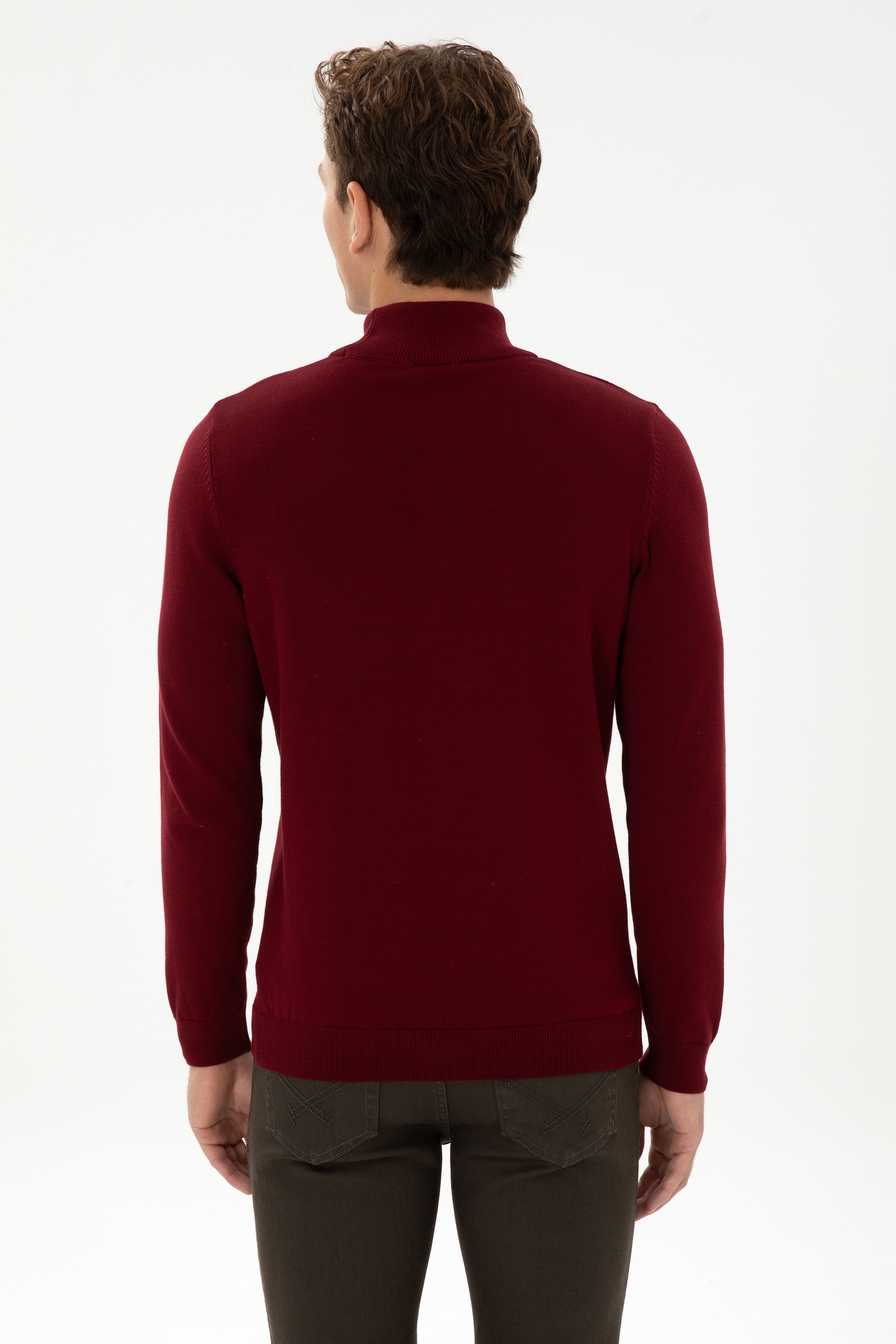 Erkek Slim Fit Yarım Boğazlı Bordo Basic Kazak