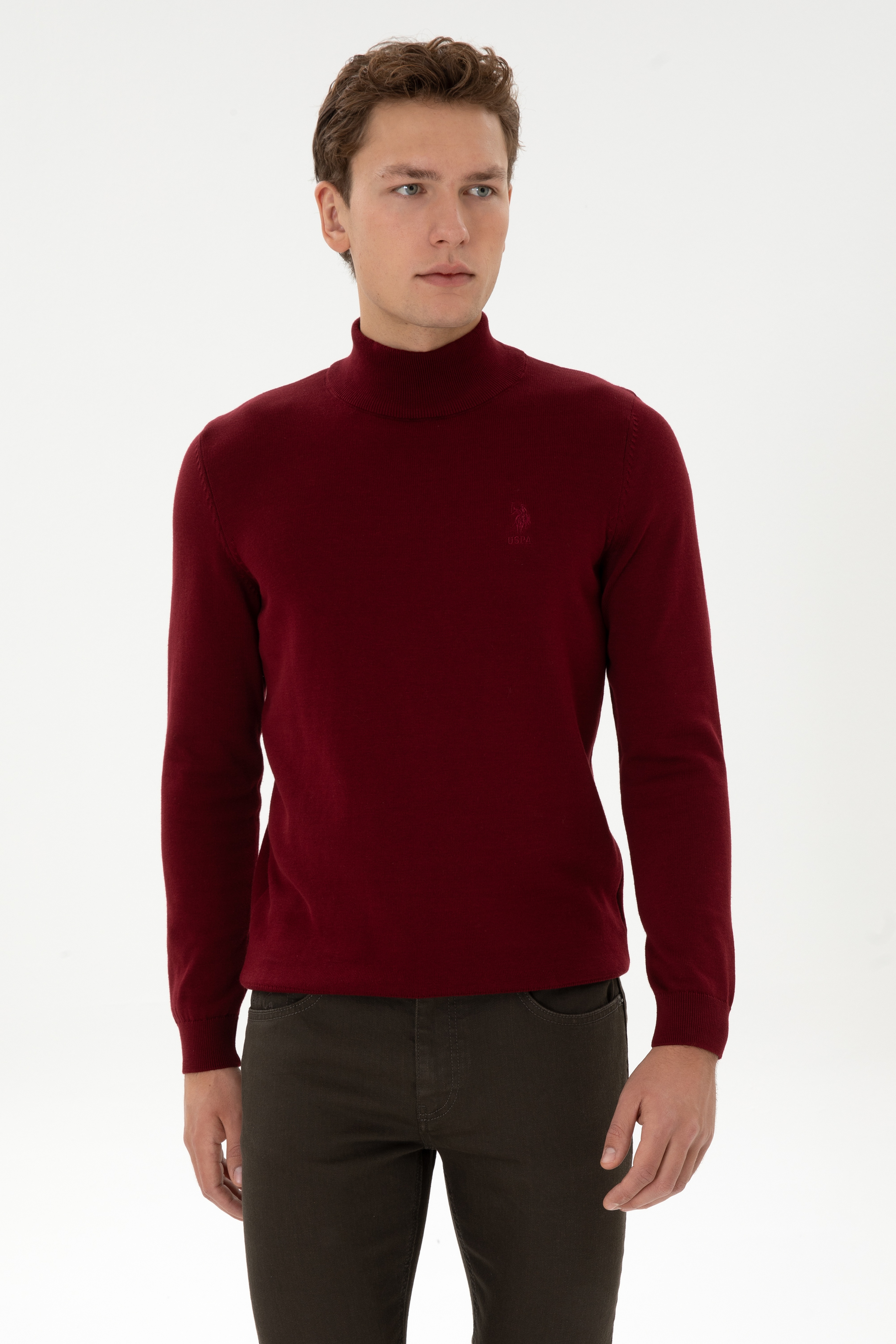 Erkek Slim Fit Yarım Boğazlı Bordo Basic Kazak - Image 3