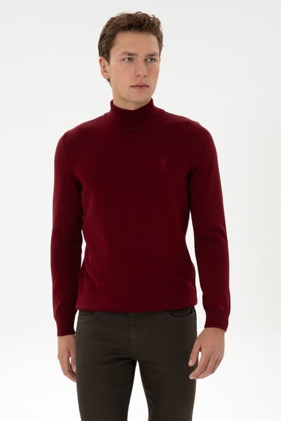 Erkek Slim Fit Yarım Boğazlı Bordo Basic Kazak