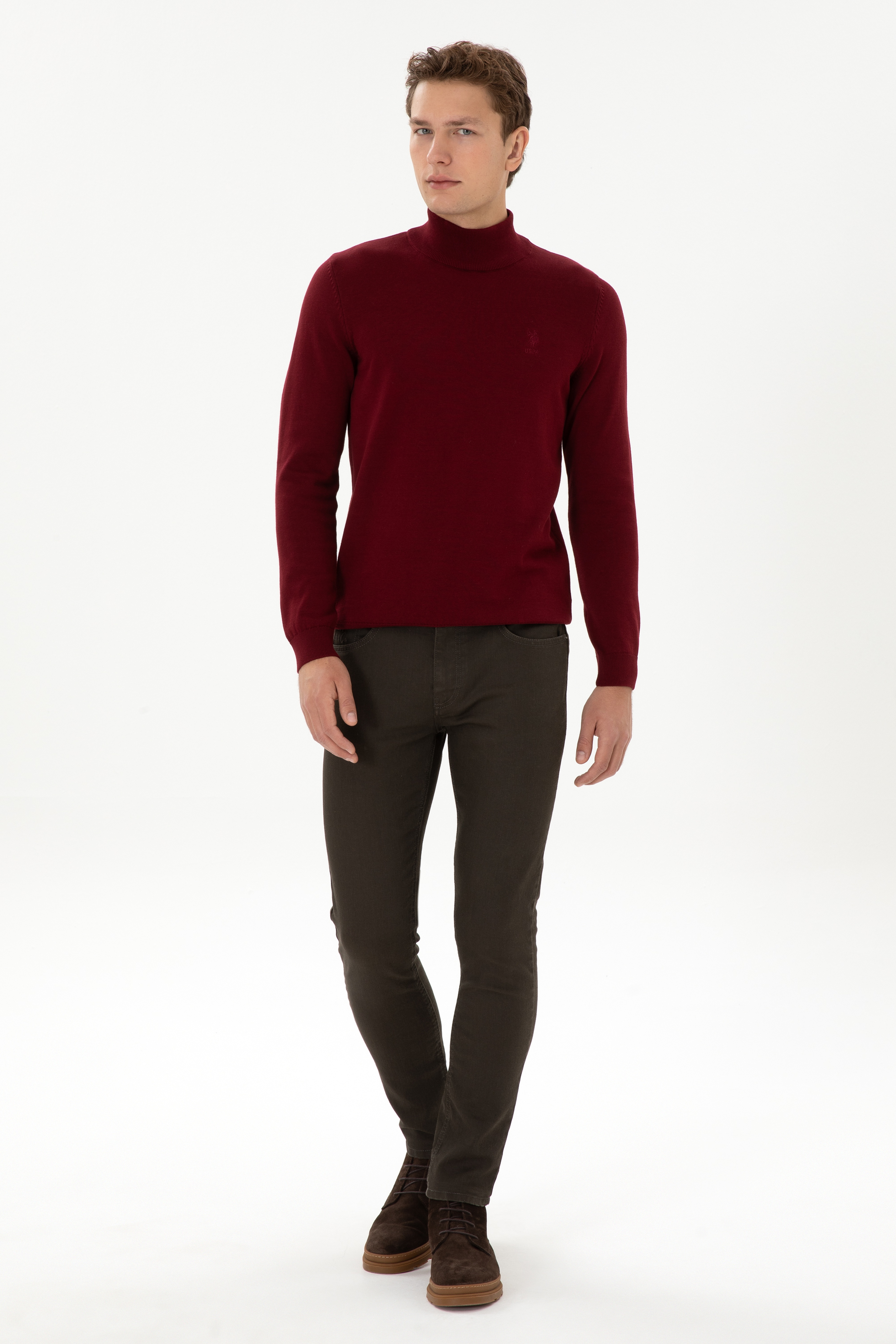 Erkek Slim Fit Yarım Boğazlı Bordo Basic Kazak - Image 4