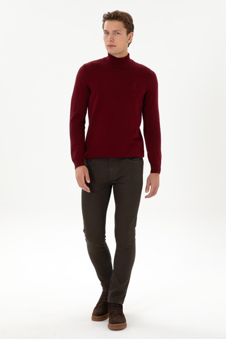 Erkek Slim Fit Yarım Boğazlı Bordo Basic Kazak - 50307783051