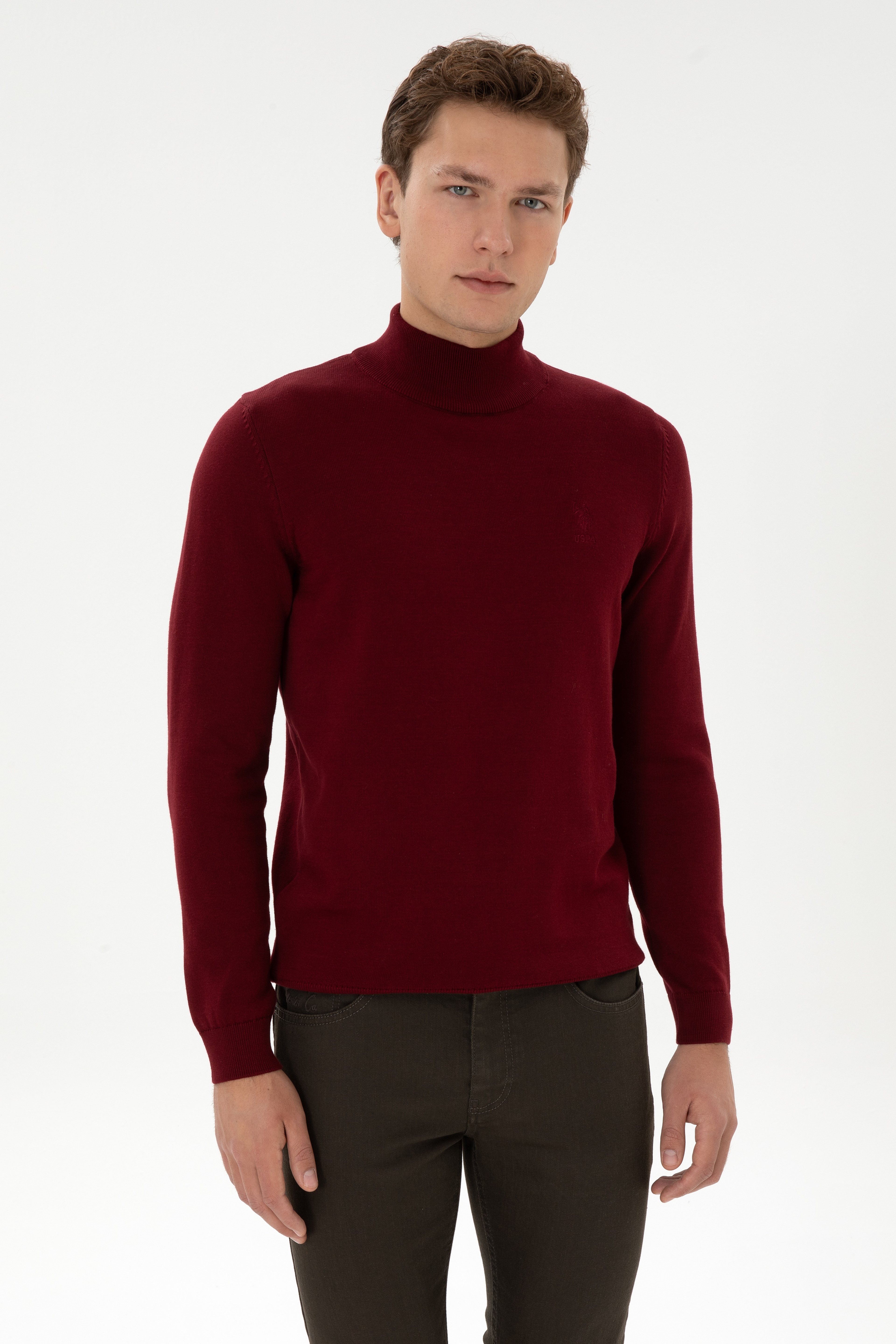 Erkek Slim Fit Yarım Boğazlı Bordo Basic Kazak - Image 1