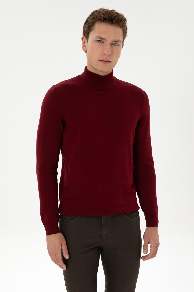 Erkek Slim Fit Yarım Boğazlı Bordo Basic Kazak