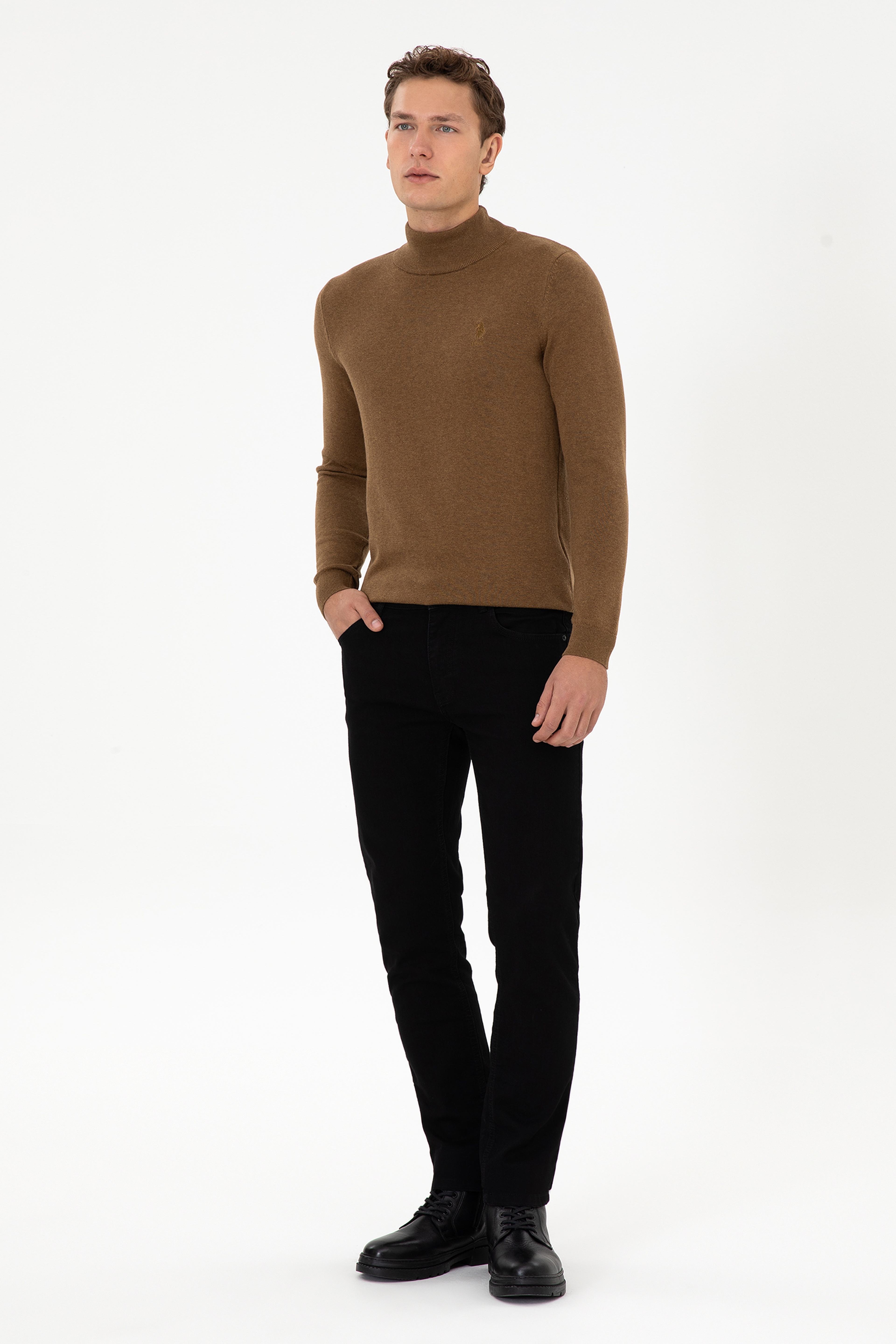 Erkek Slim Fit Yarım Balıkçı Yaka Haki Melanj Basic Kazak - Image 4