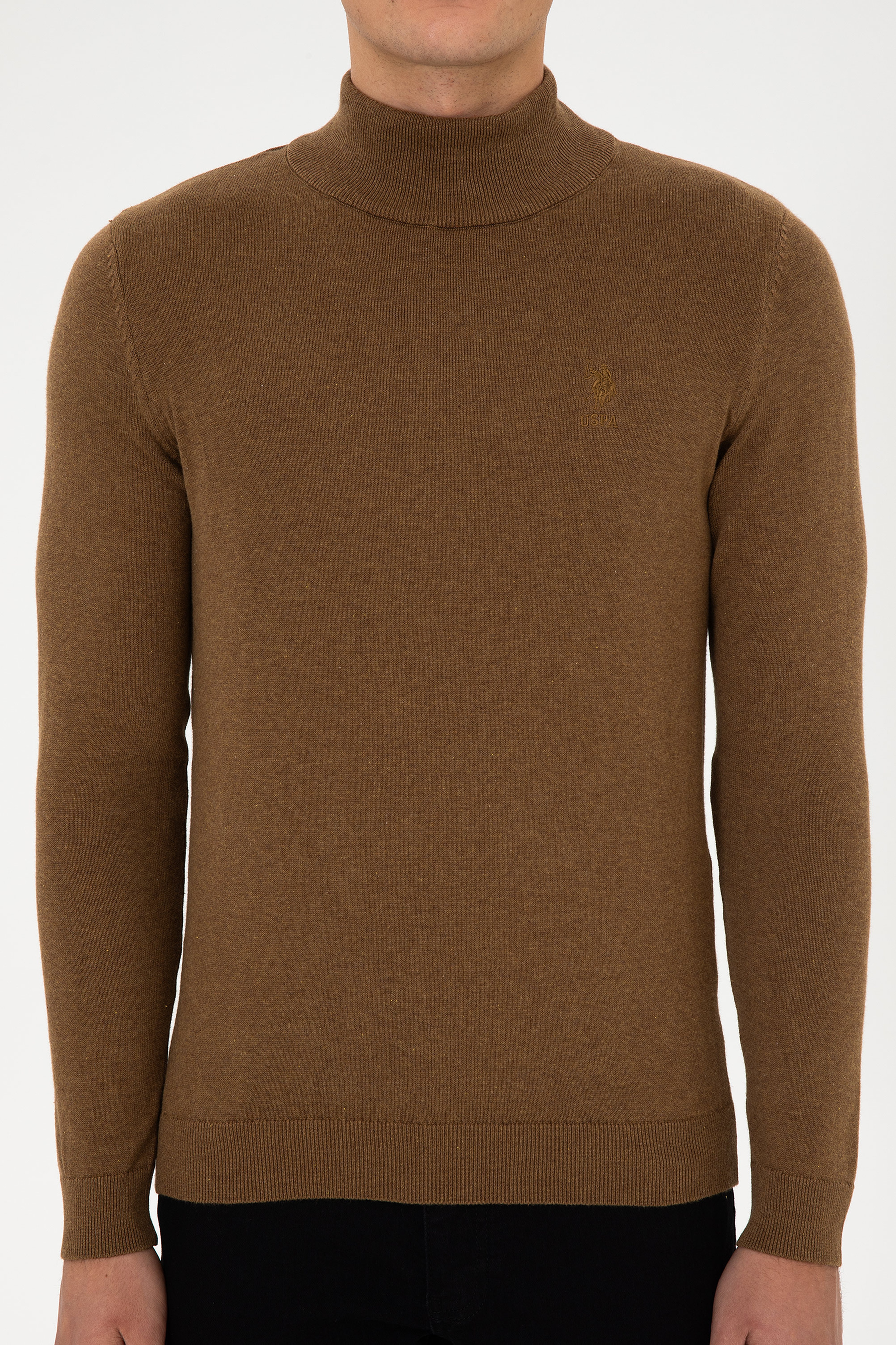 Erkek Slim Fit Yarım Balıkçı Yaka Haki Melanj Basic Kazak - Image 6