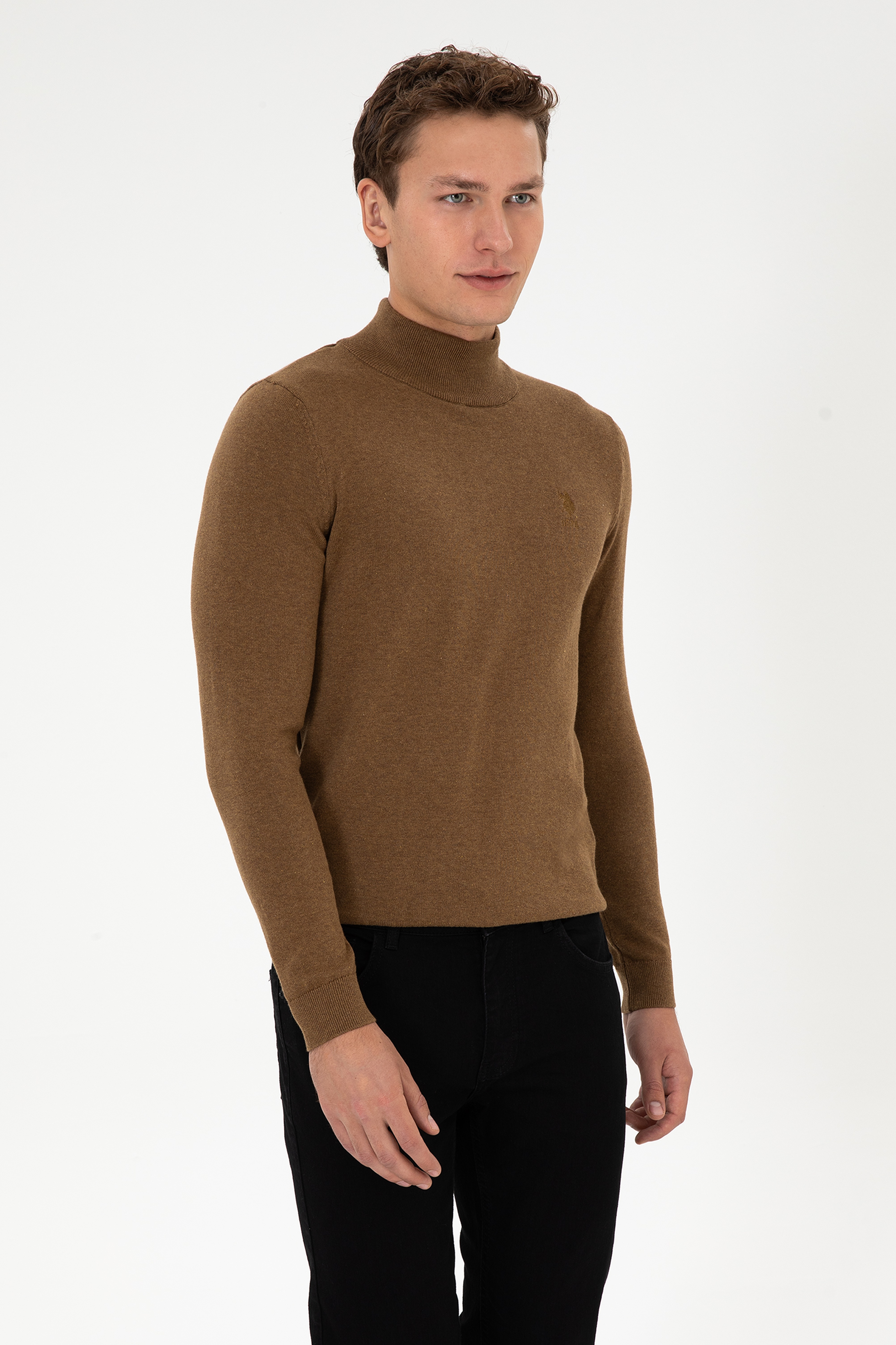 Erkek Slim Fit Yarım Balıkçı Yaka Haki Melanj Basic Kazak