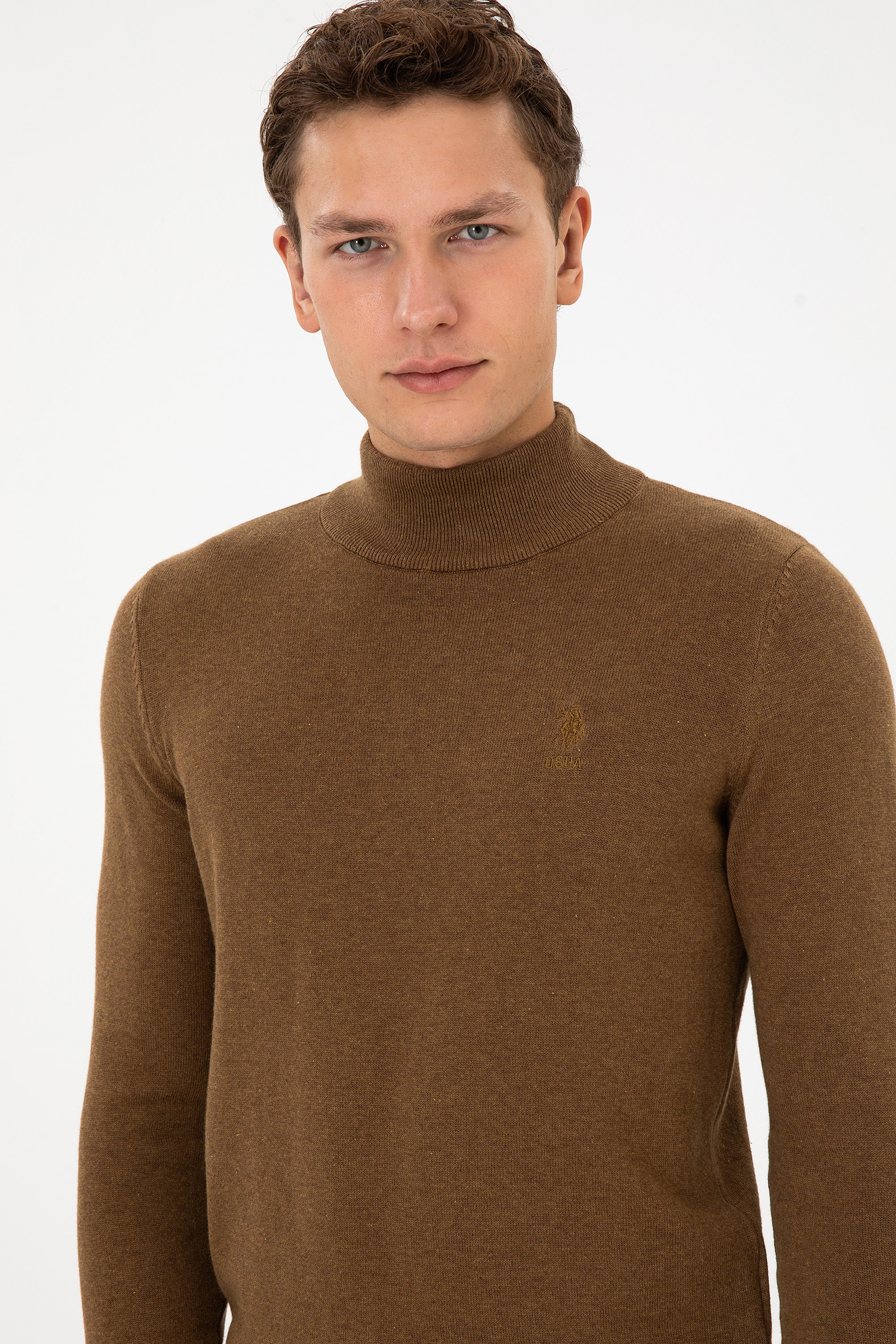 Erkek Slim Fit Yarım Balıkçı Yaka Haki Melanj Basic Kazak - Image 2