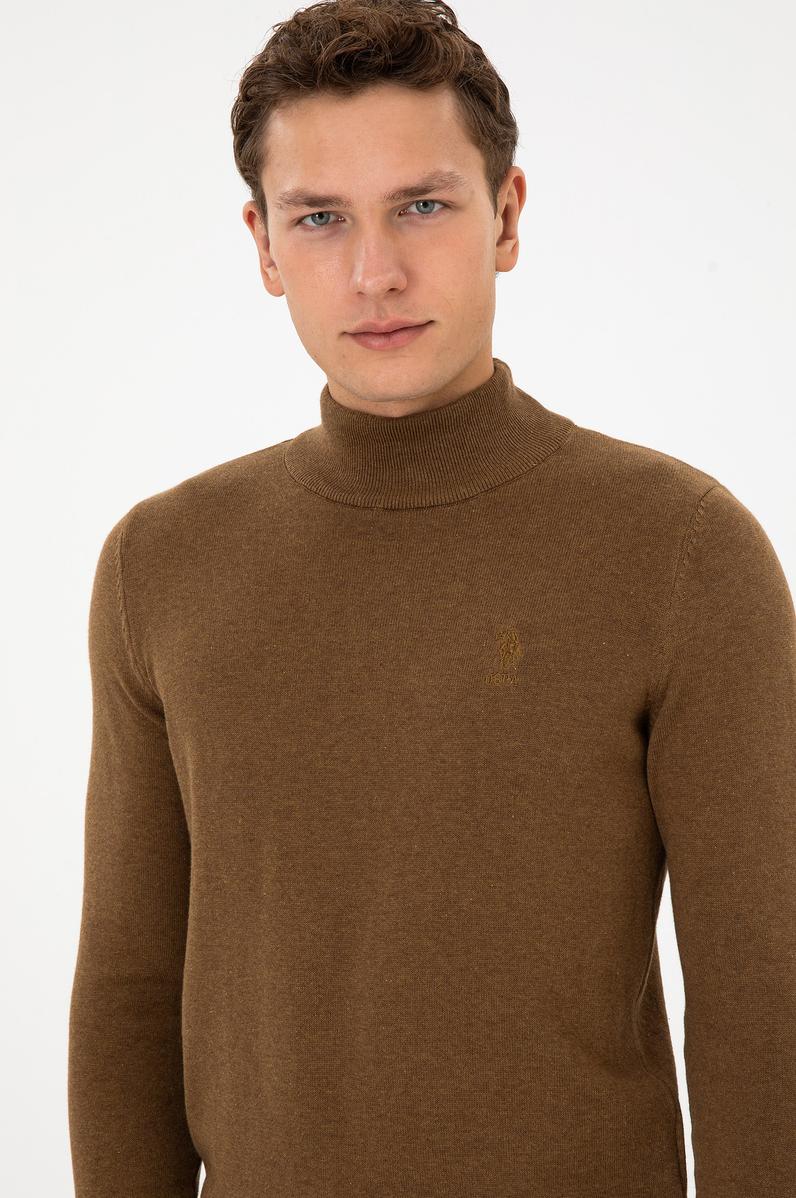 Erkek Slim Fit Yarım Balıkçı Yaka Haki Melanj Basic Kazak