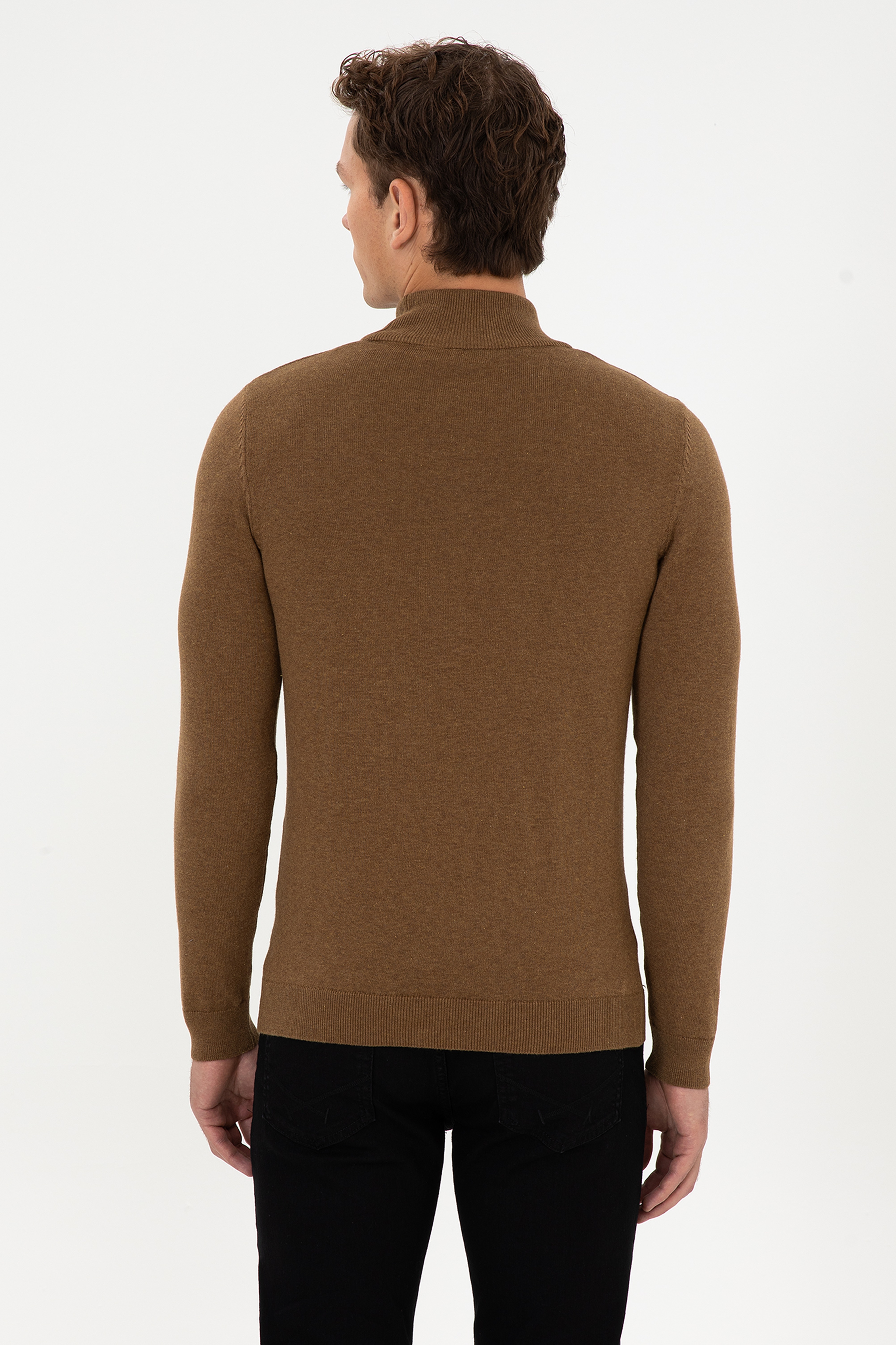 Erkek Slim Fit Yarım Balıkçı Yaka Haki Melanj Basic Kazak - Image 5