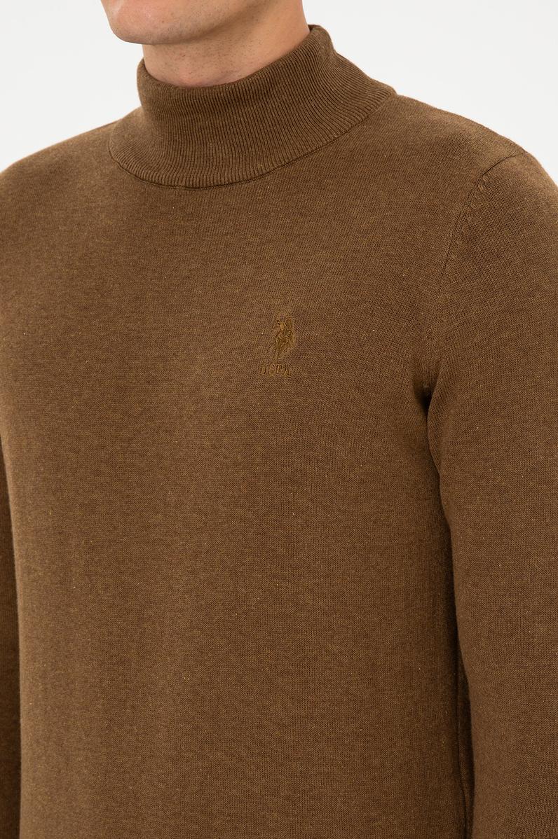 Erkek Slim Fit Yarım Balıkçı Yaka Haki Melanj Basic Kazak