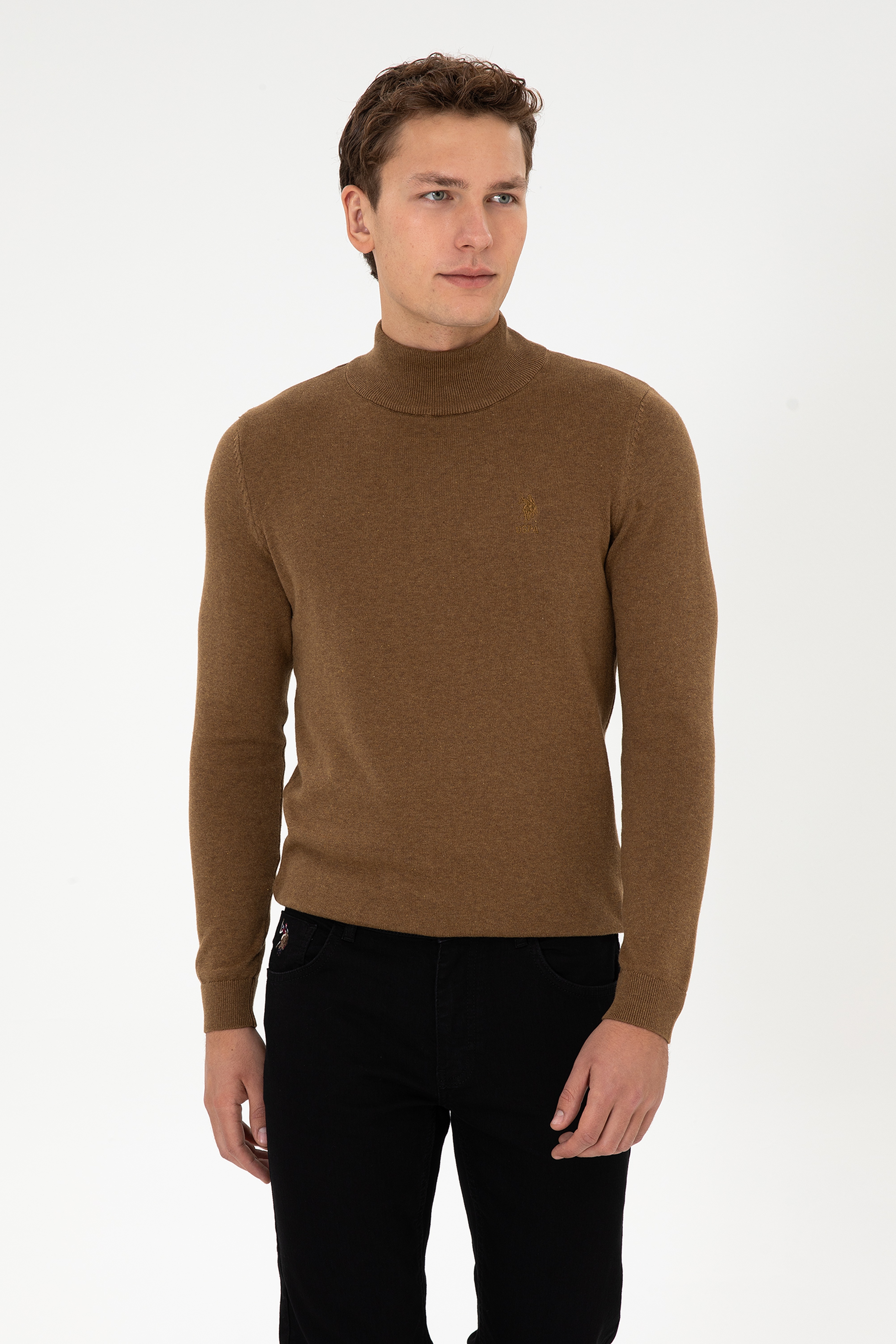Erkek Slim Fit Yarım Balıkçı Yaka Haki Melanj Basic Kazak - Image 1
