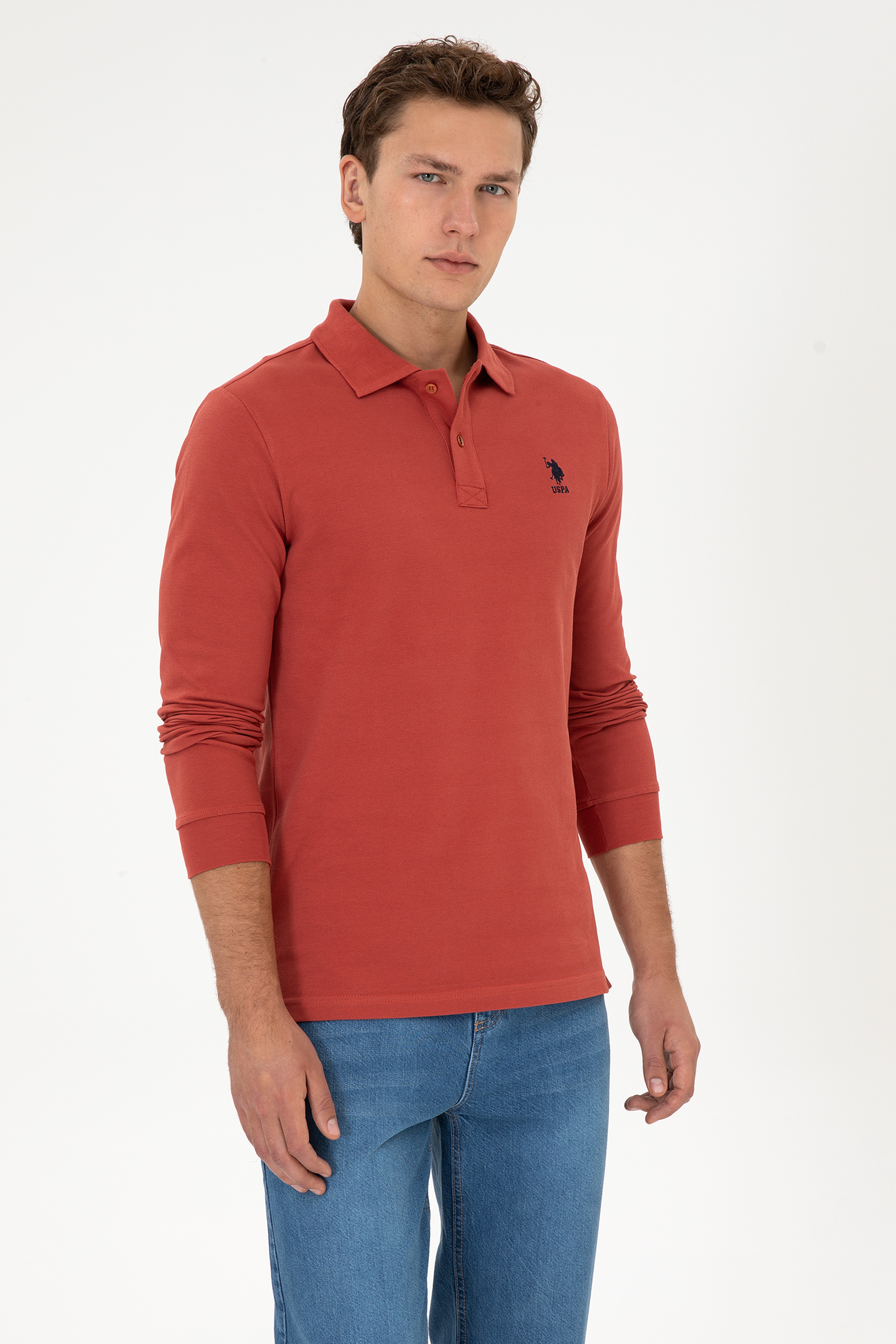 Erkek Regular Fit Polo Yaka Gül Kurusu Basic Sweatshirt