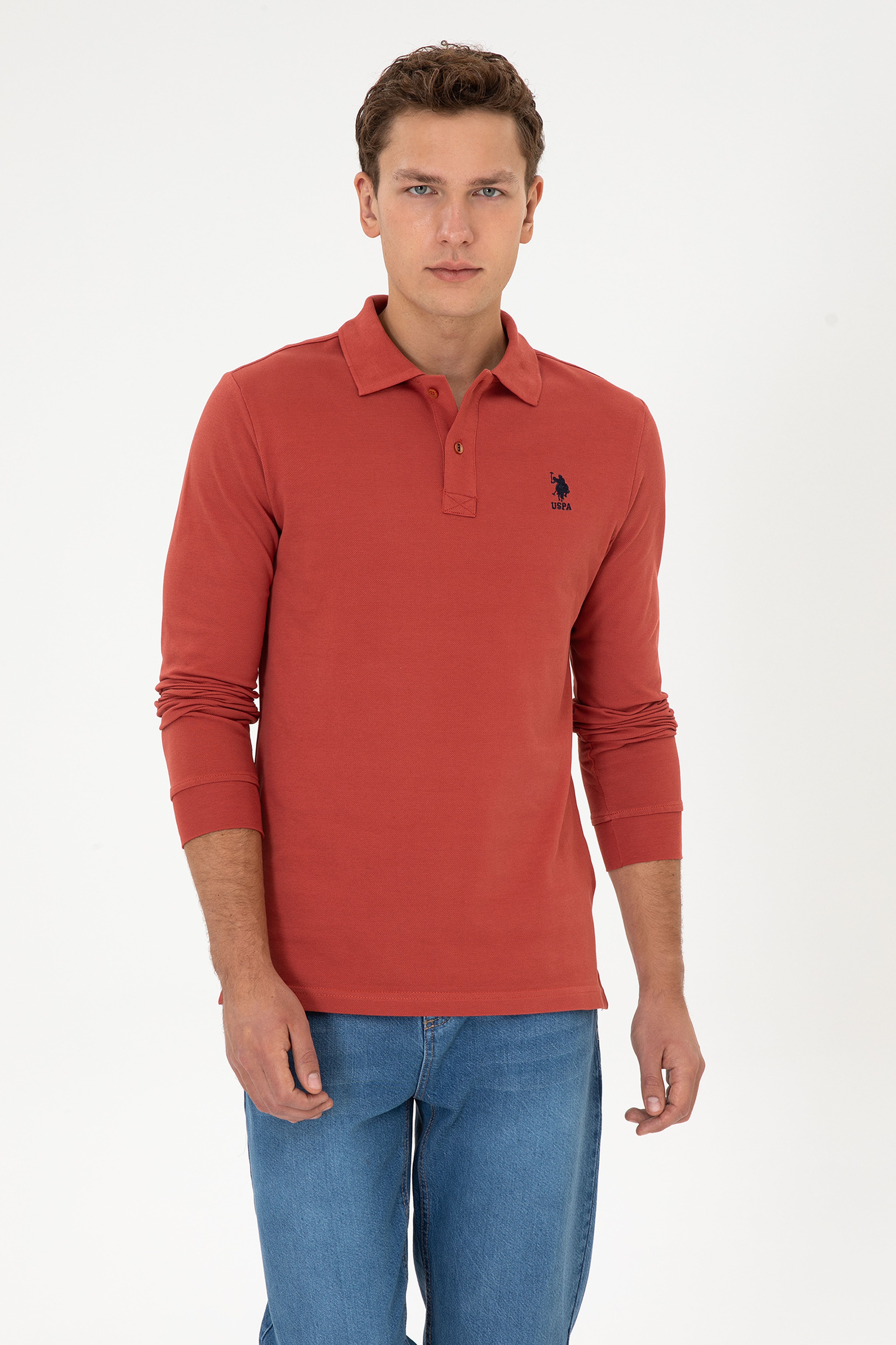 Erkek Regular Fit Polo Yaka Gül Kurusu Basic Sweatshirt - Image 1
