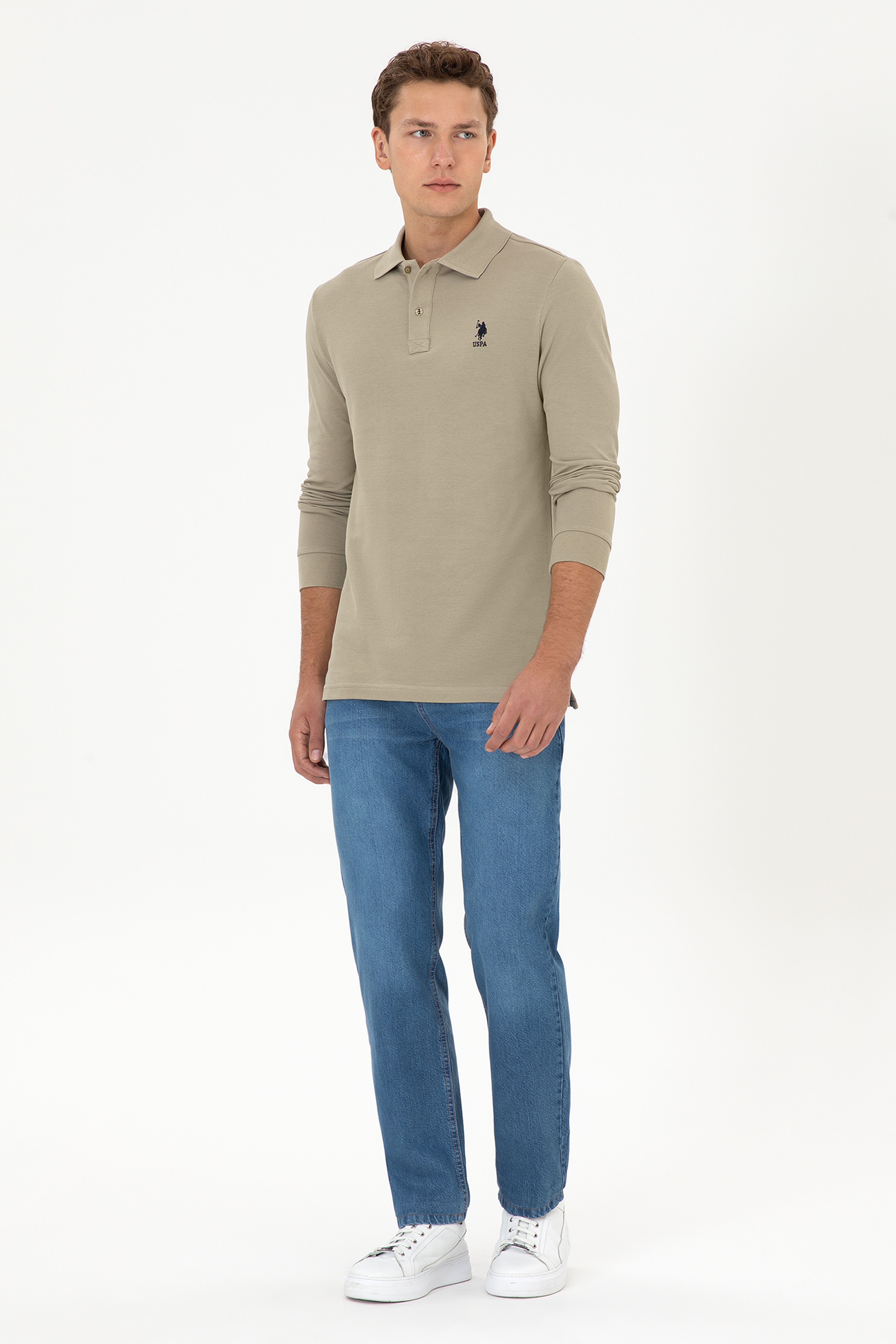 Erkek Regular Fit Polo Yaka Açık Haki Basic Sweatshirt