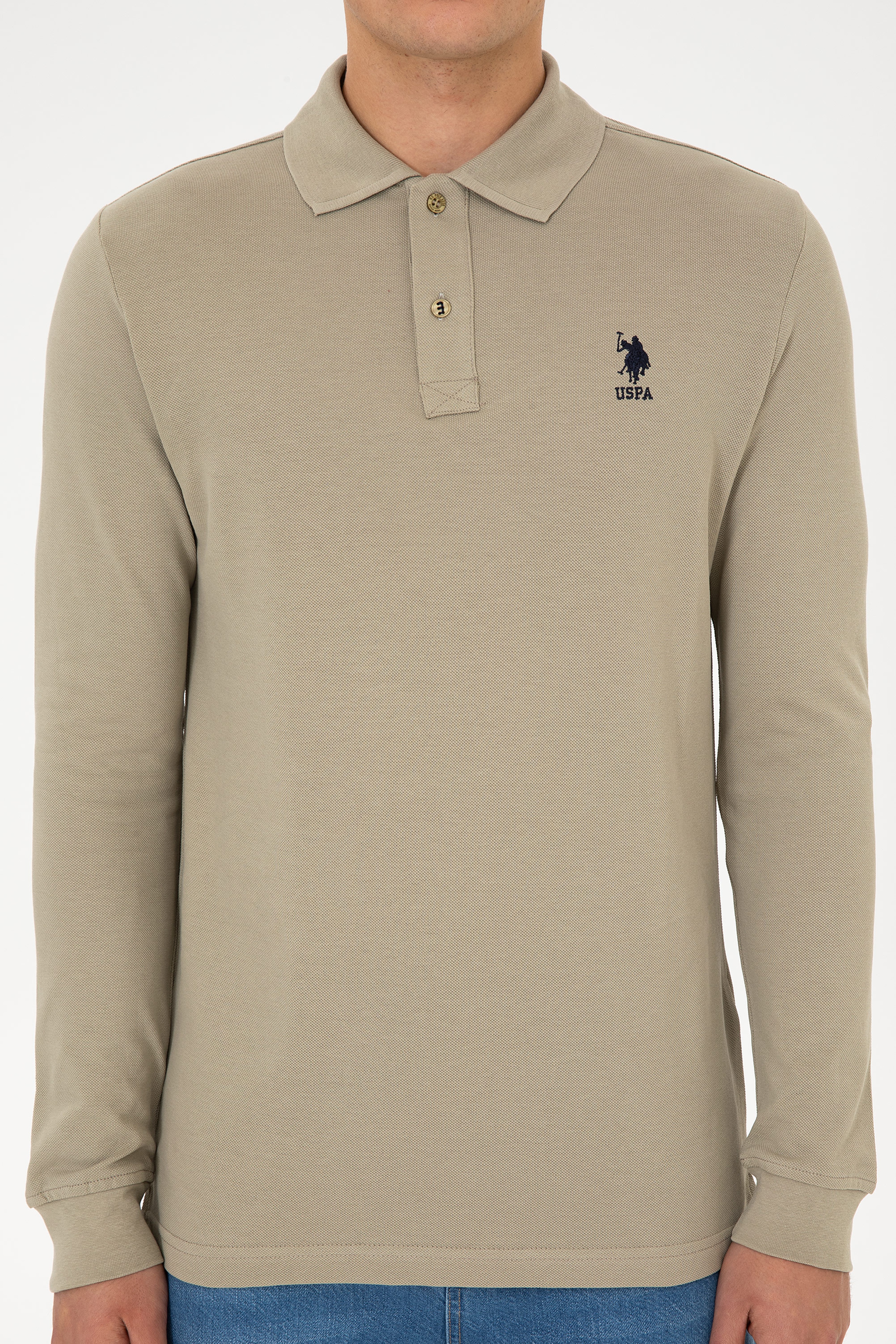 Erkek Regular Fit Polo Yaka Açık Haki Basic Sweatshirt