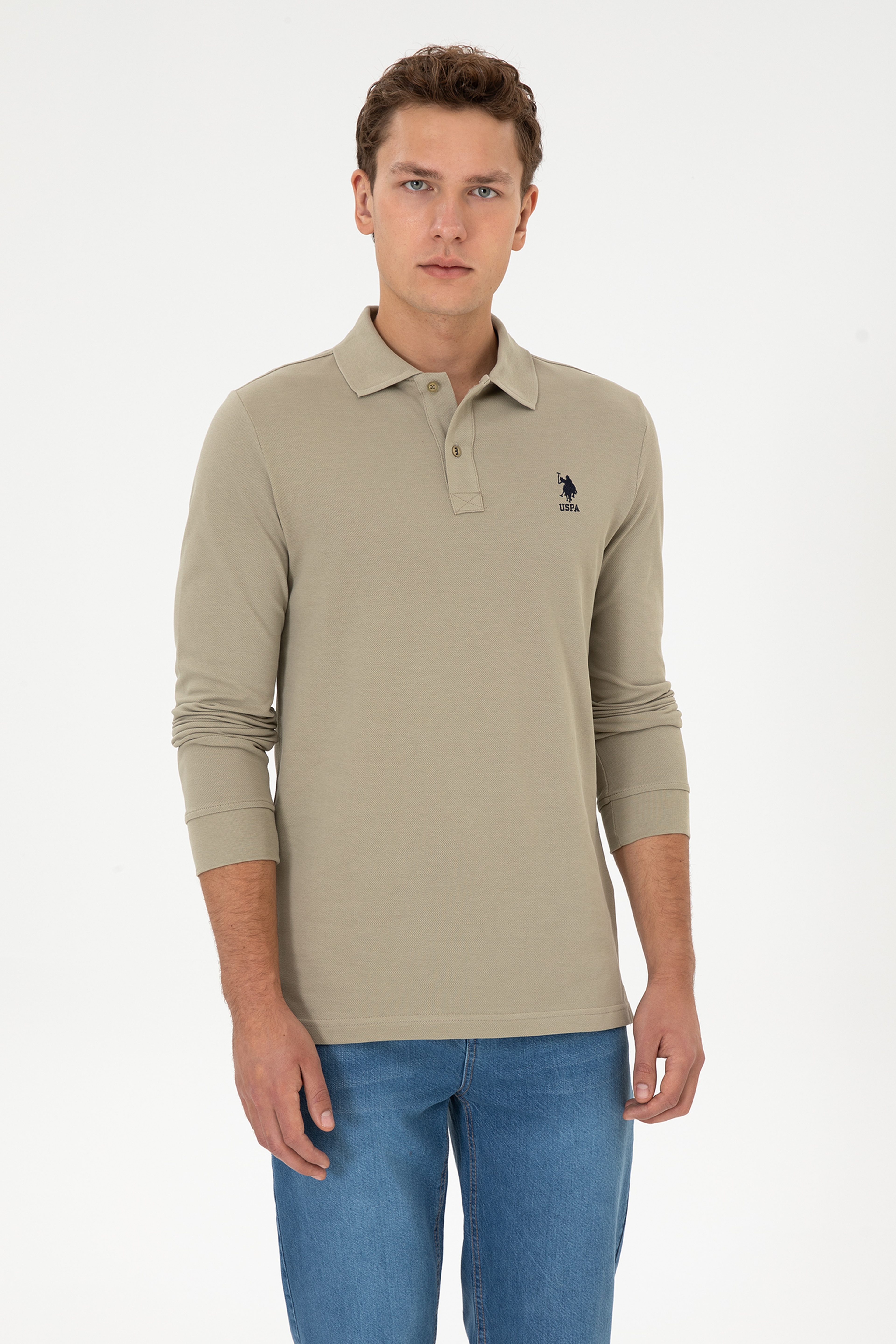 Erkek Regular Fit Polo Yaka Açık Haki Basic Sweatshirt