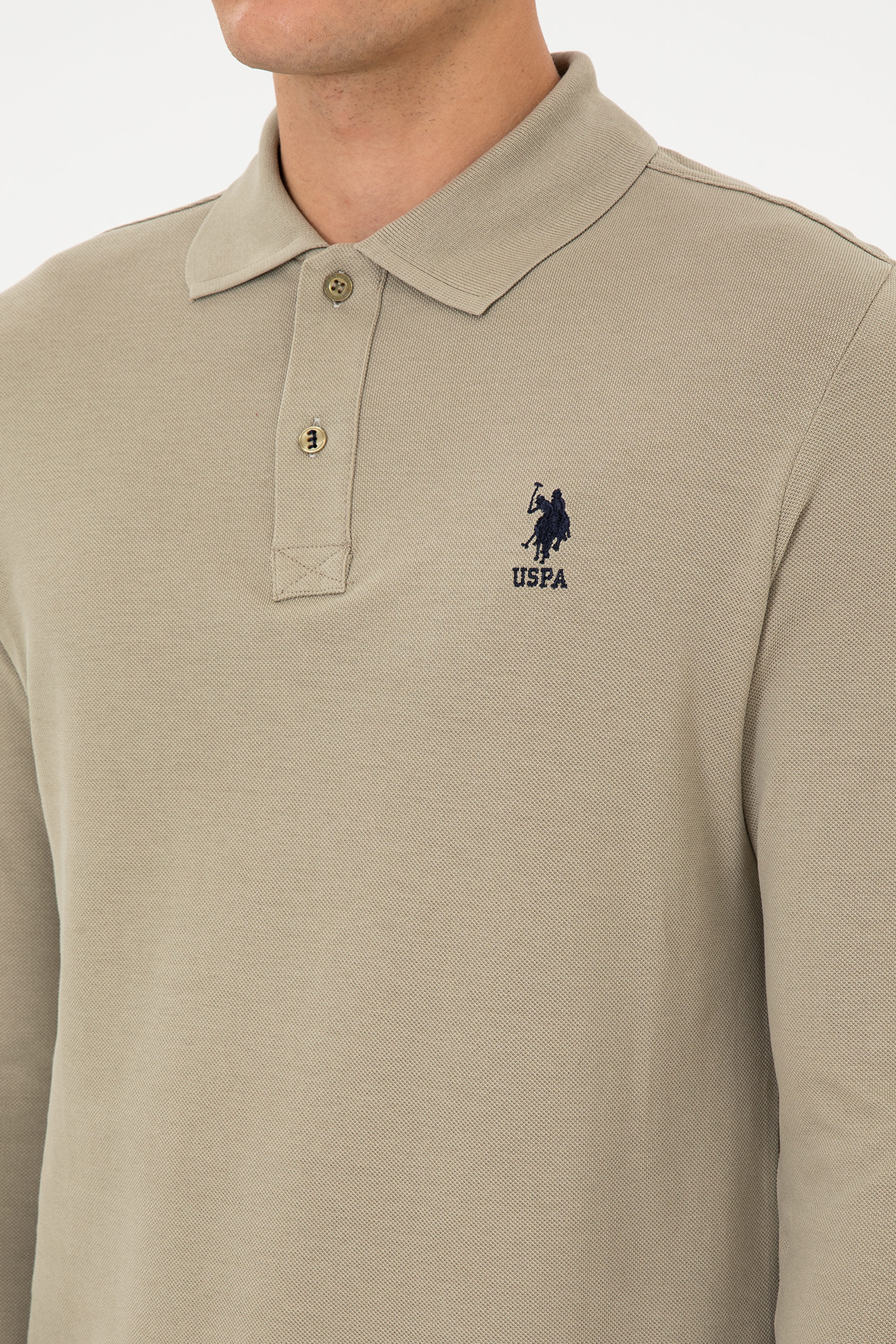 Erkek Regular Fit Polo Yaka Açık Haki Basic Sweatshirt - Image 7
