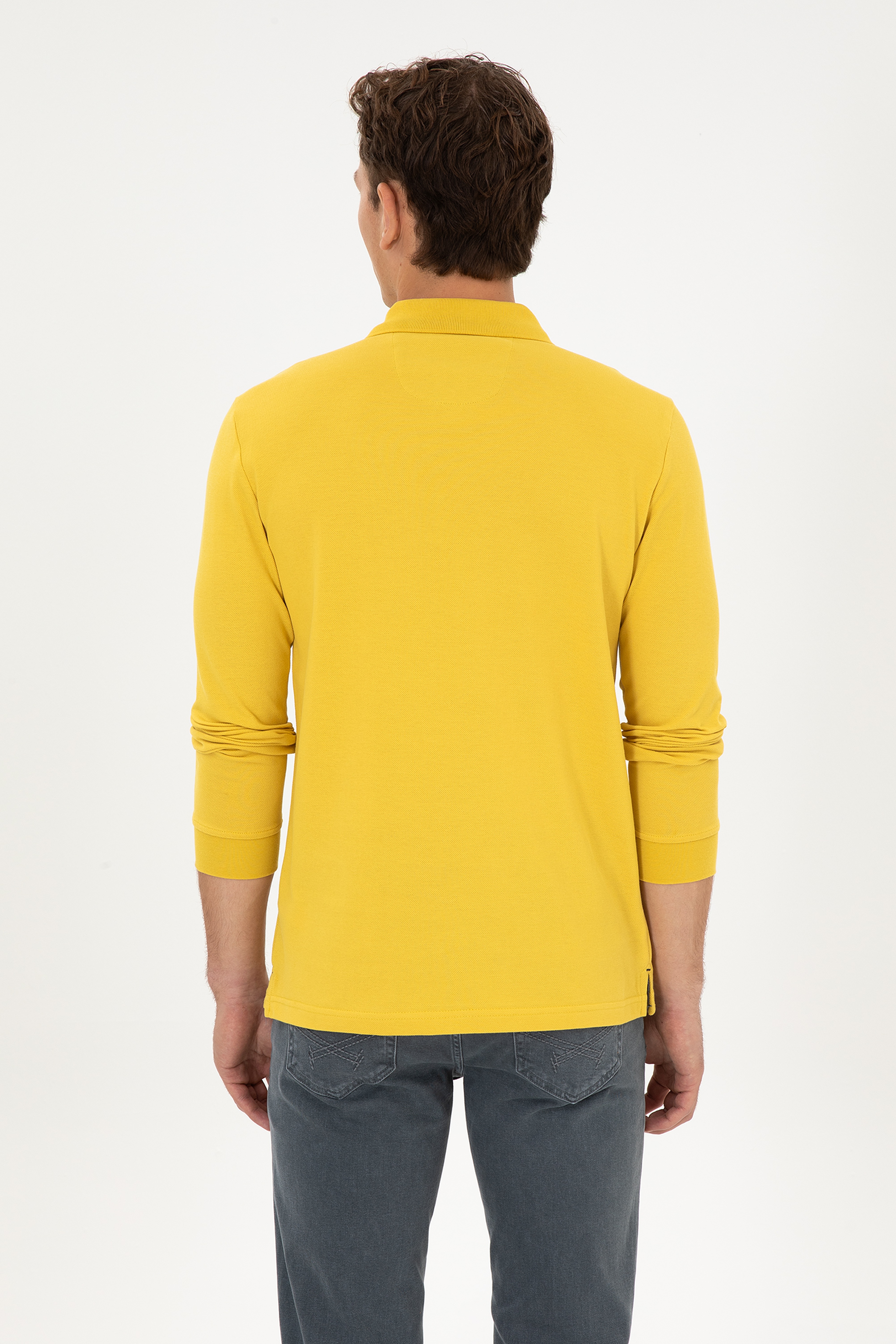 Erkek Regular Fit Polo Yaka Sarı Basic Sweatshirt - Image 5