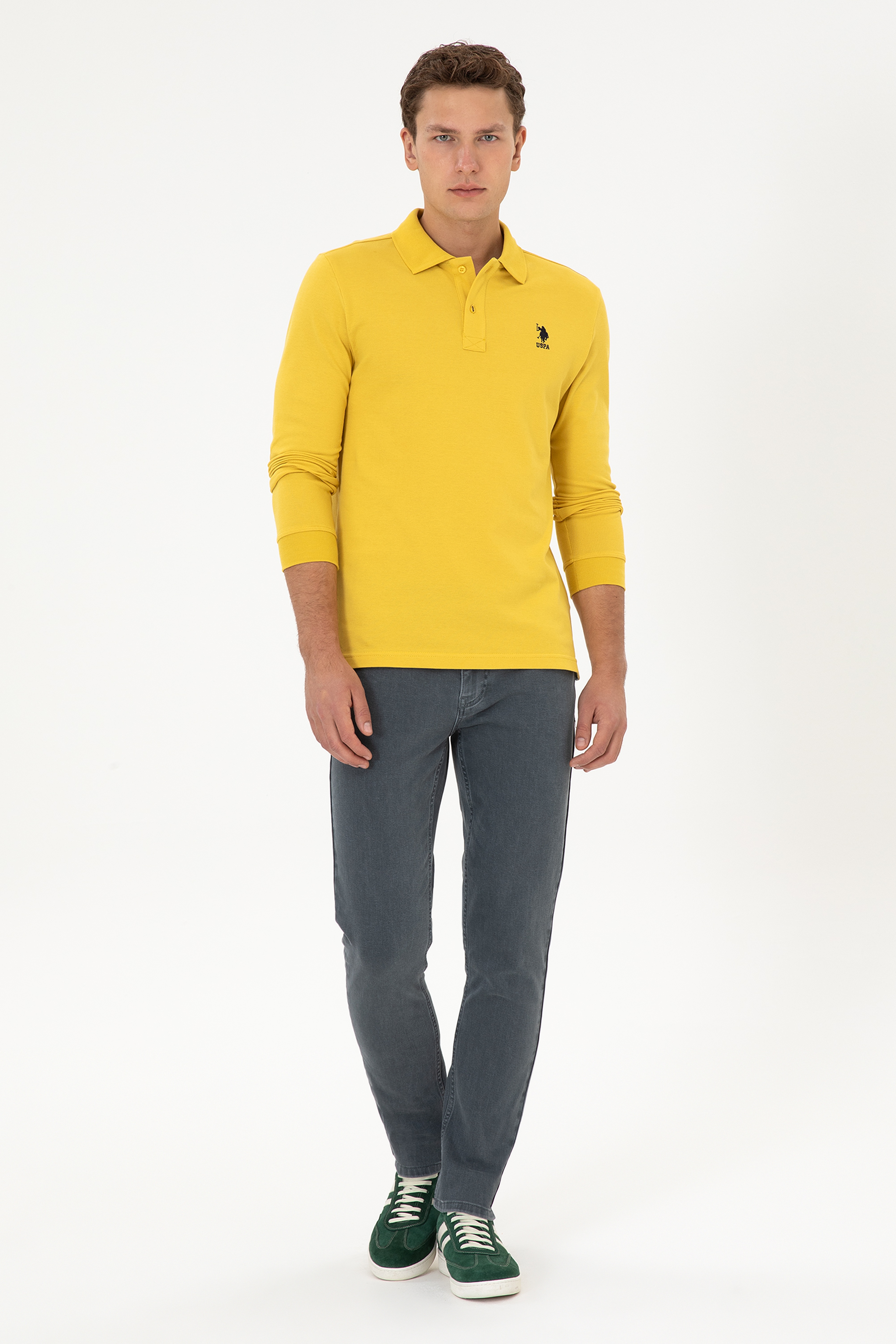 Erkek Regular Fit Polo Yaka Sarı Basic Sweatshirt