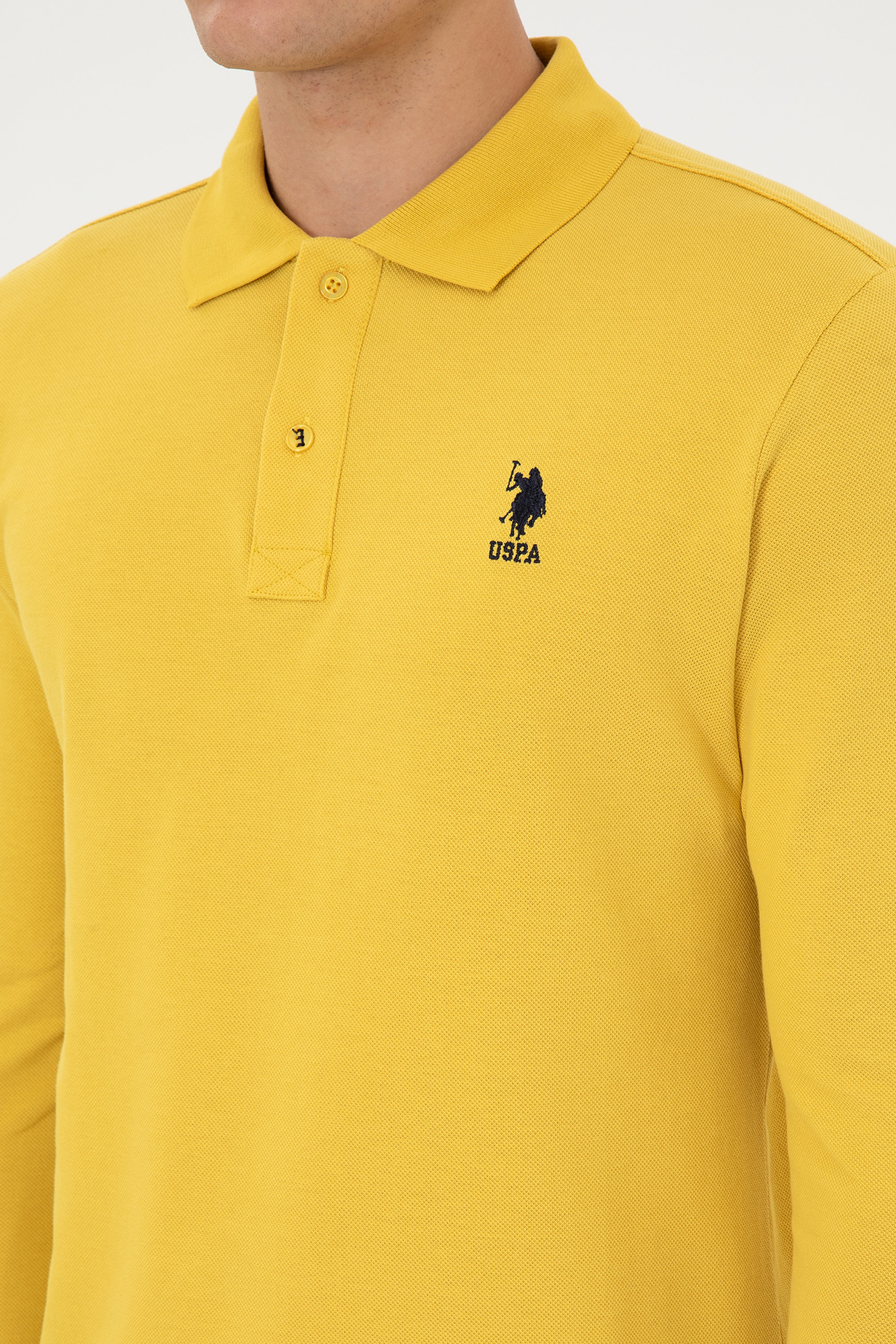 Erkek Regular Fit Polo Yaka Sarı Basic Sweatshirt - Image 7