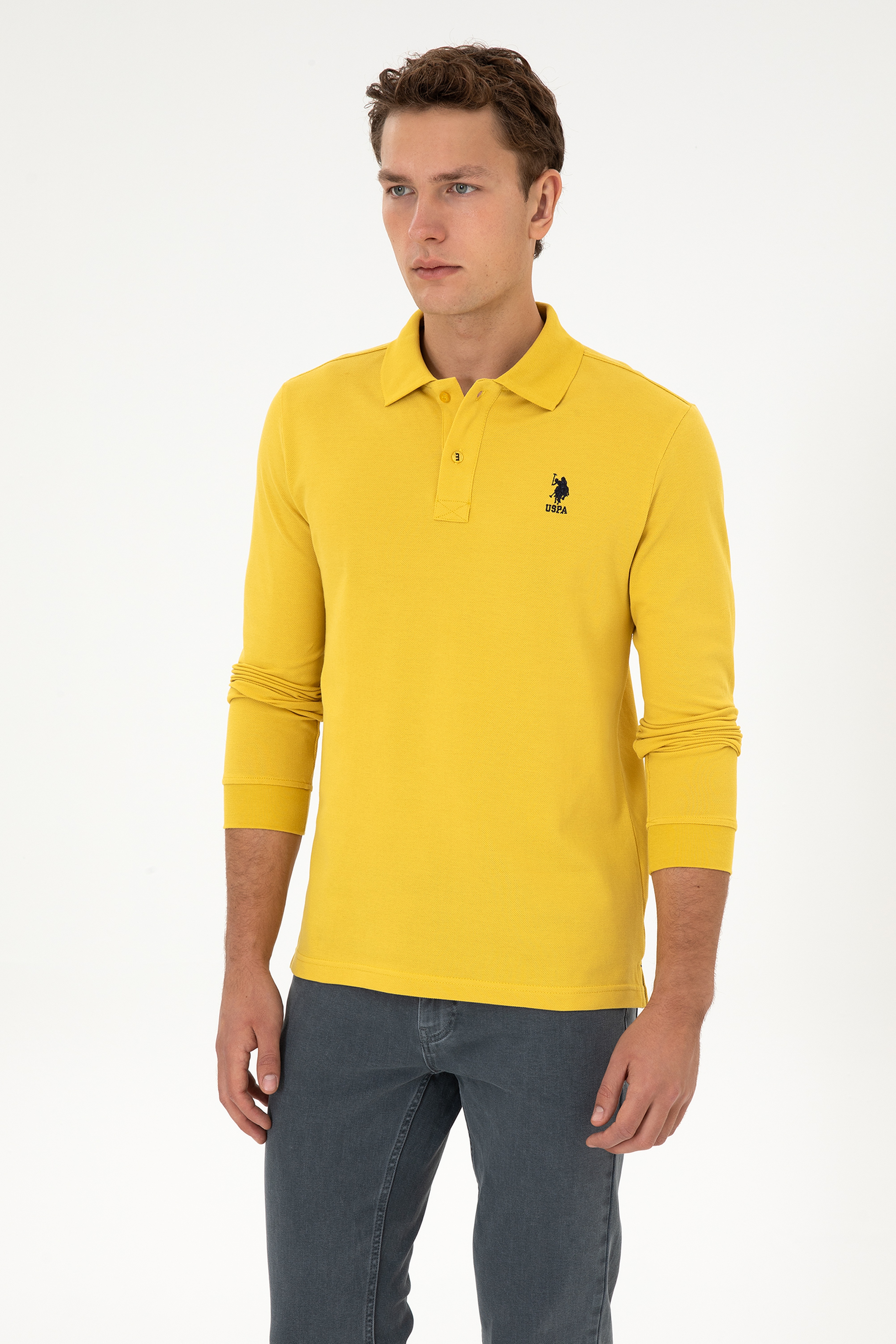 Erkek Regular Fit Polo Yaka Sarı Basic Sweatshirt