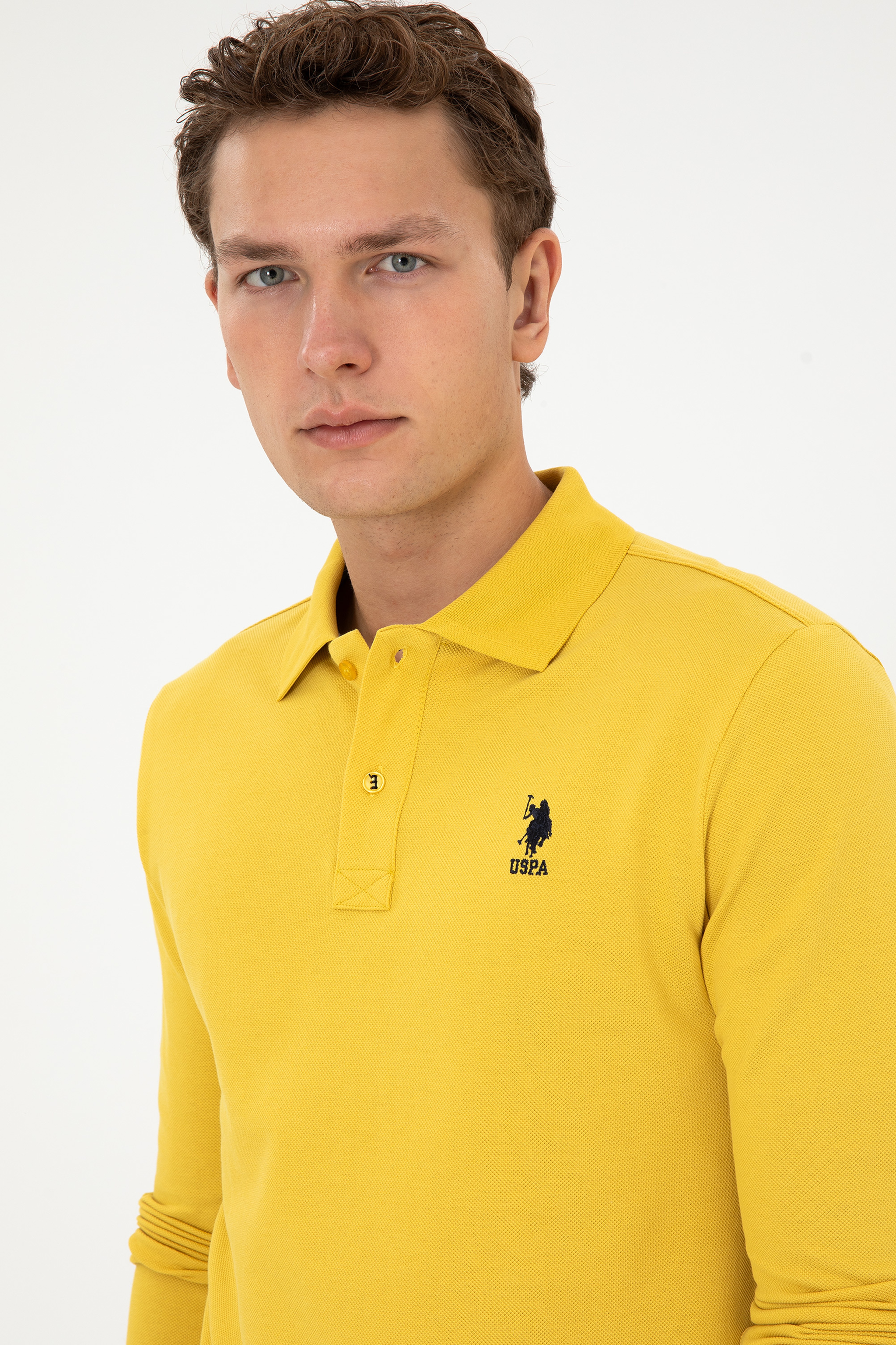 Erkek Regular Fit Polo Yaka Sarı Basic Sweatshirt