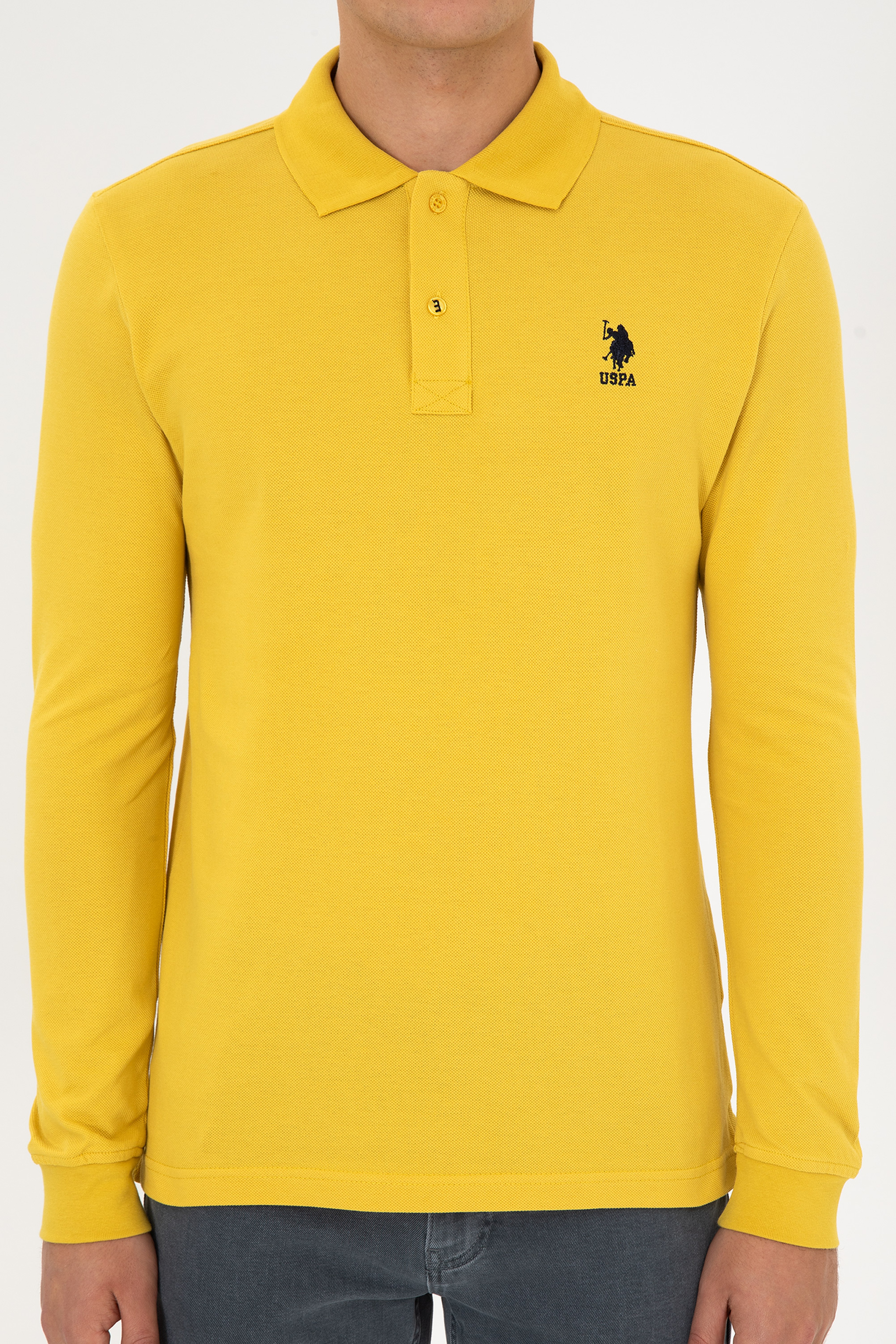 Erkek Regular Fit Polo Yaka Sarı Basic Sweatshirt