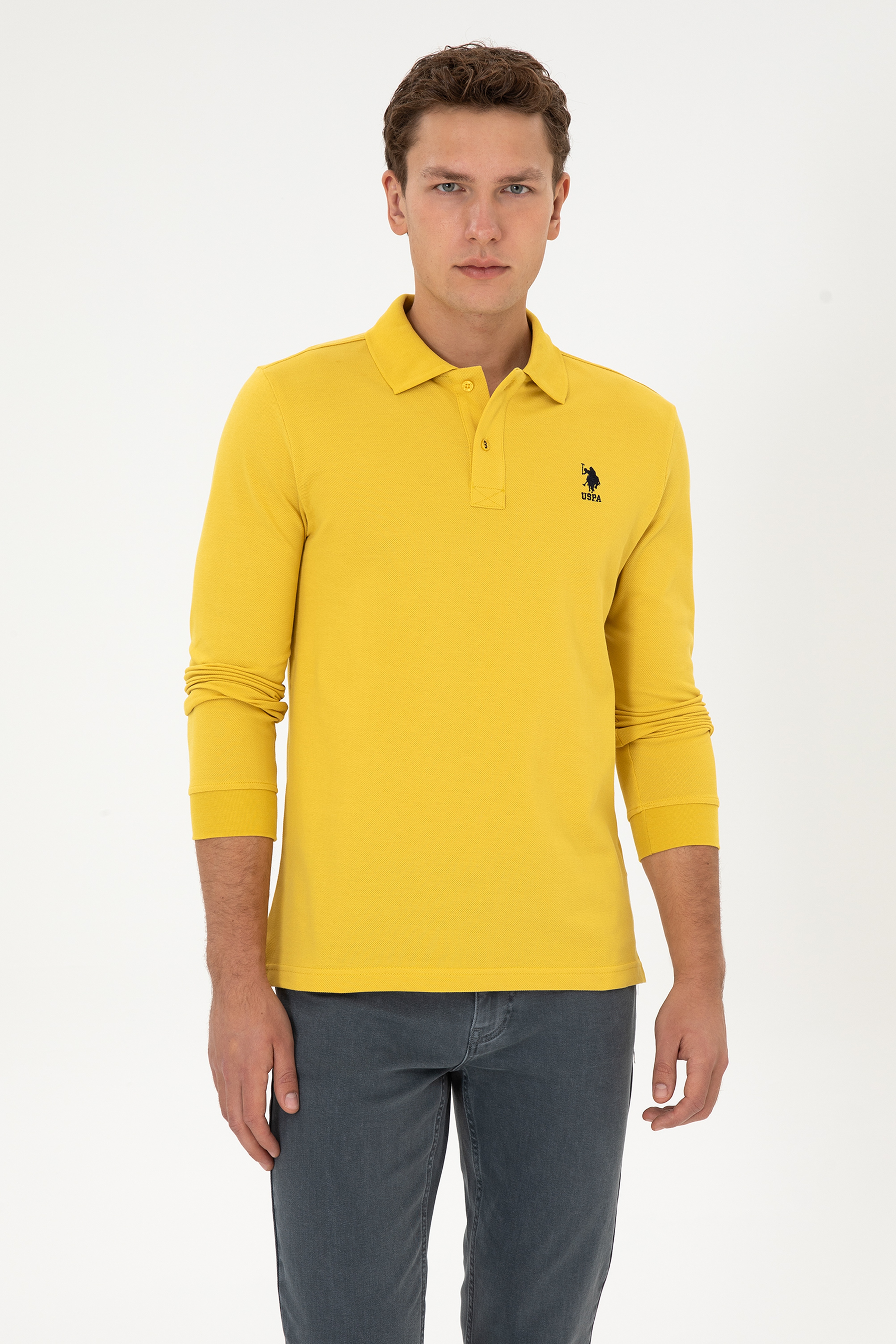 Erkek Regular Fit Polo Yaka Sarı Basic Sweatshirt - Image 1