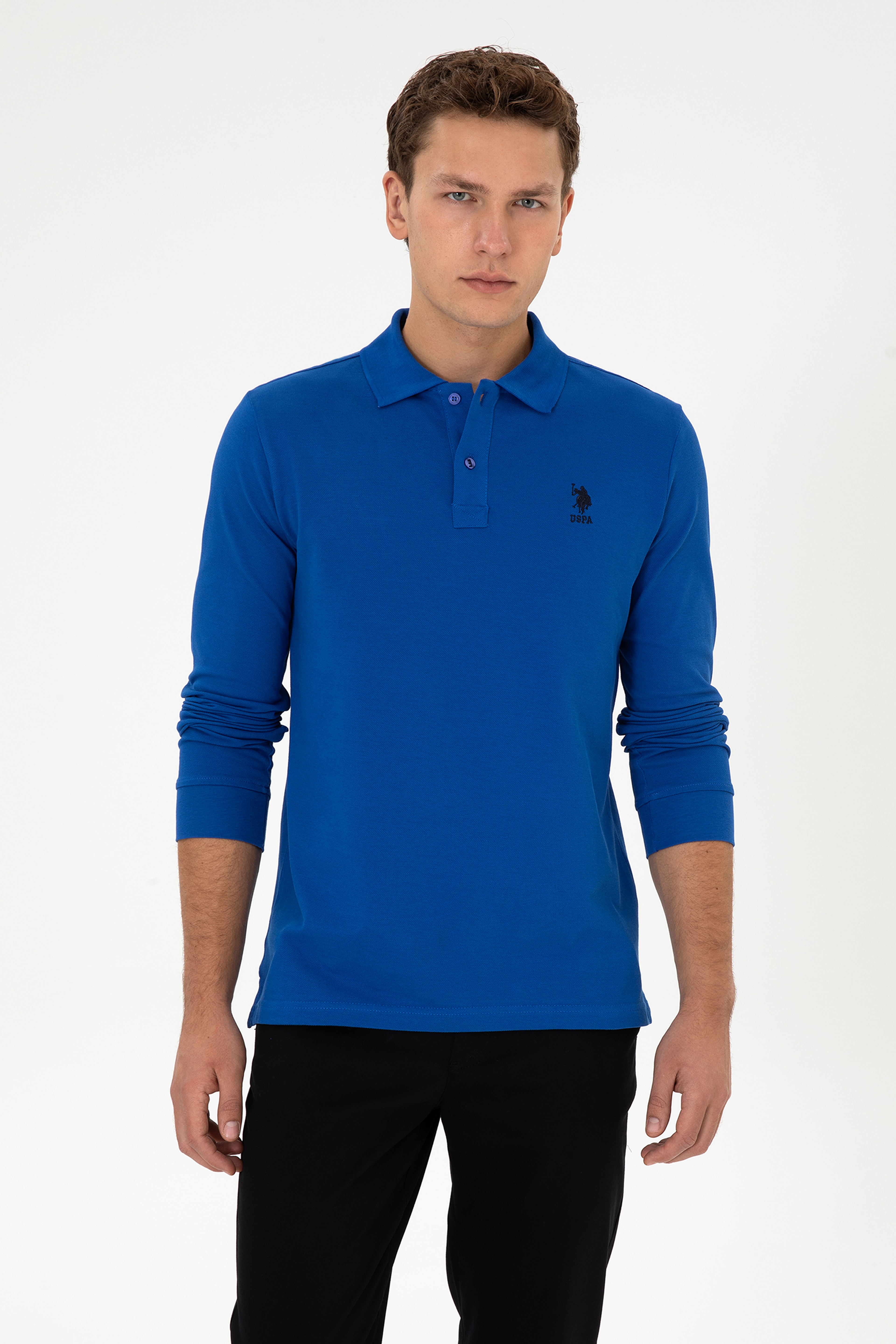 Erkek Regular Fit Polo Yaka Mavi Basic Sweatshirt - Image 3