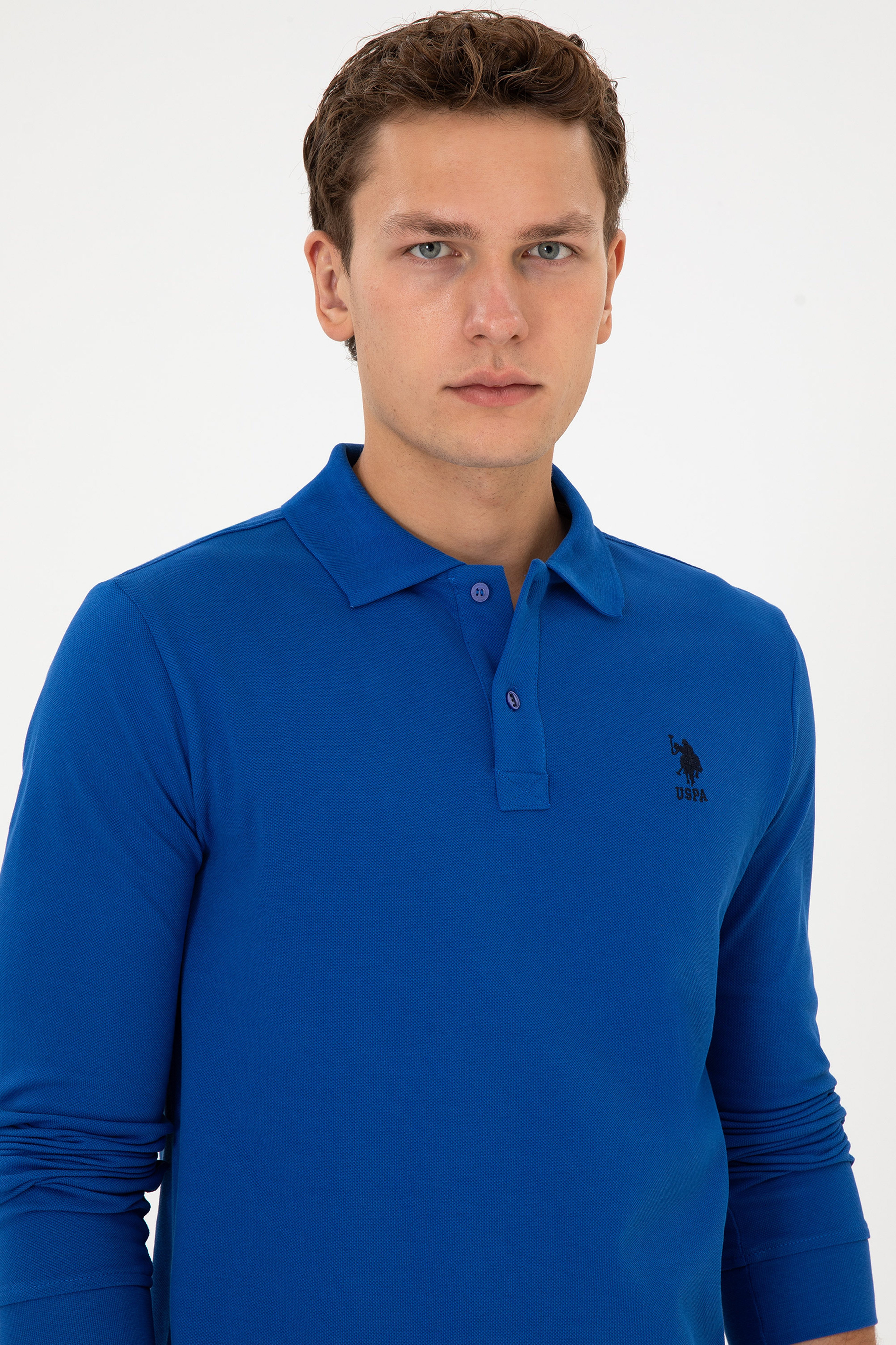 Erkek Regular Fit Polo Yaka Mavi Basic Sweatshirt - Image 2