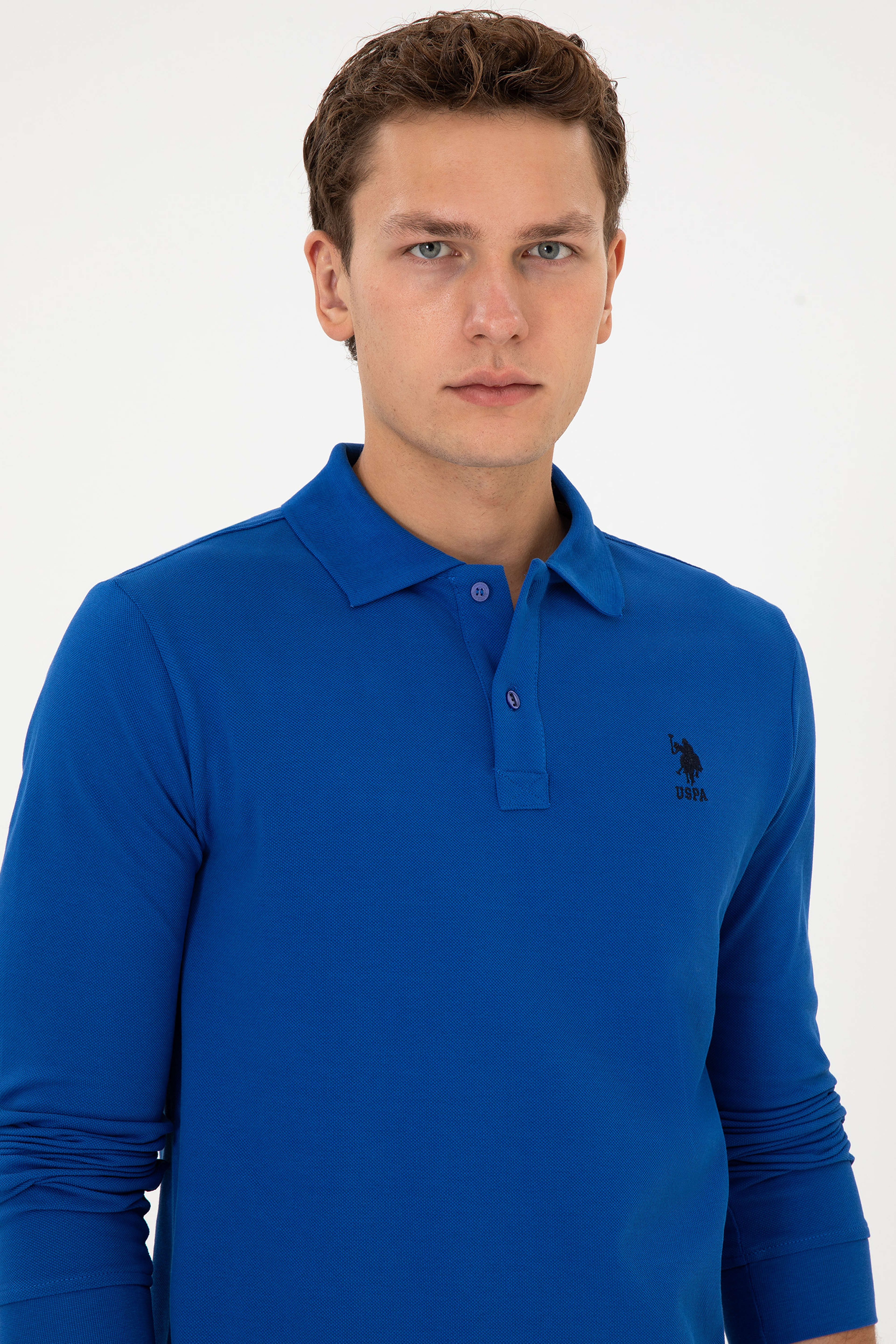 Erkek Regular Fit Polo Yaka Mavi Basic Sweatshirt