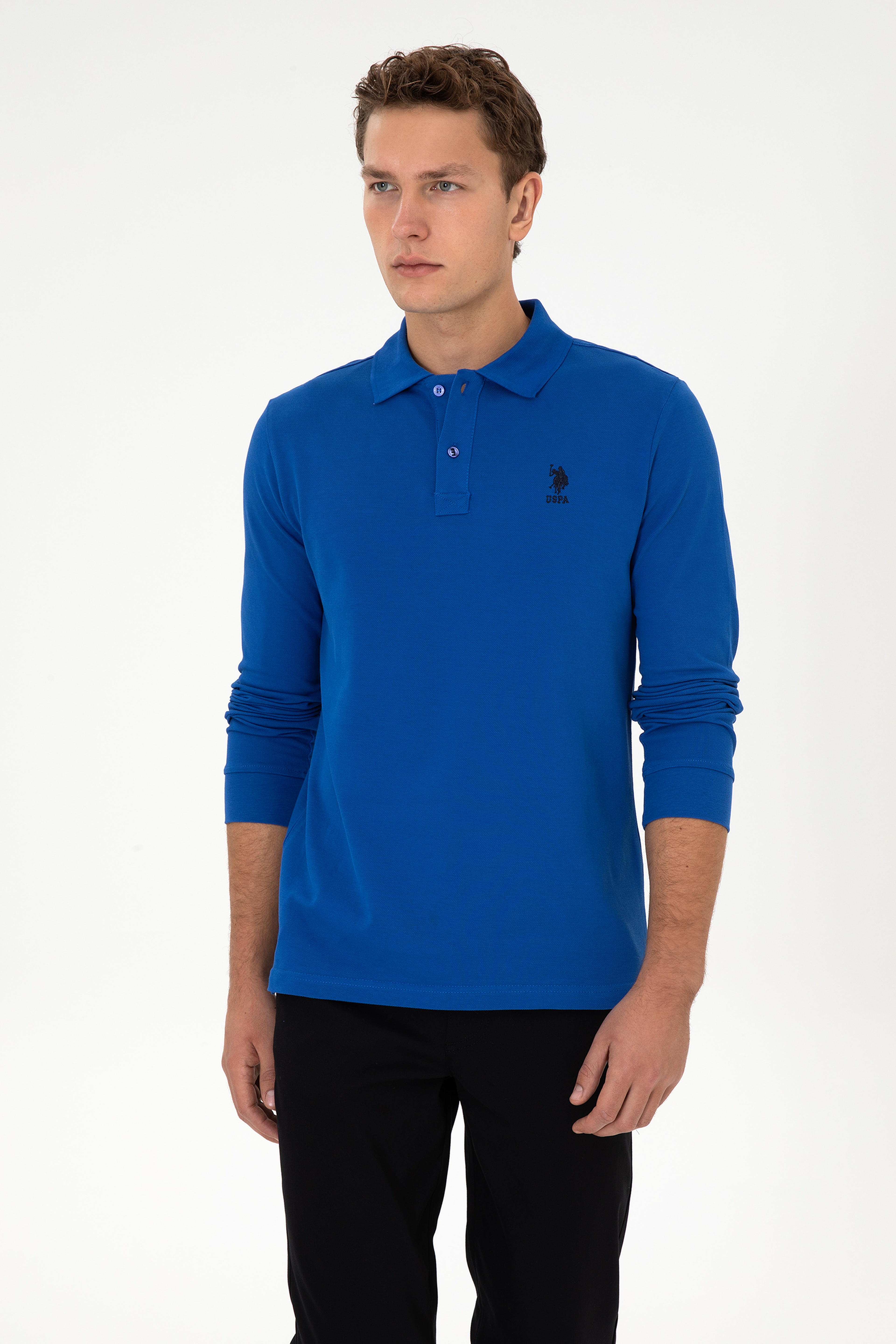 Erkek Regular Fit Polo Yaka Mavi Basic Sweatshirt - Image 1