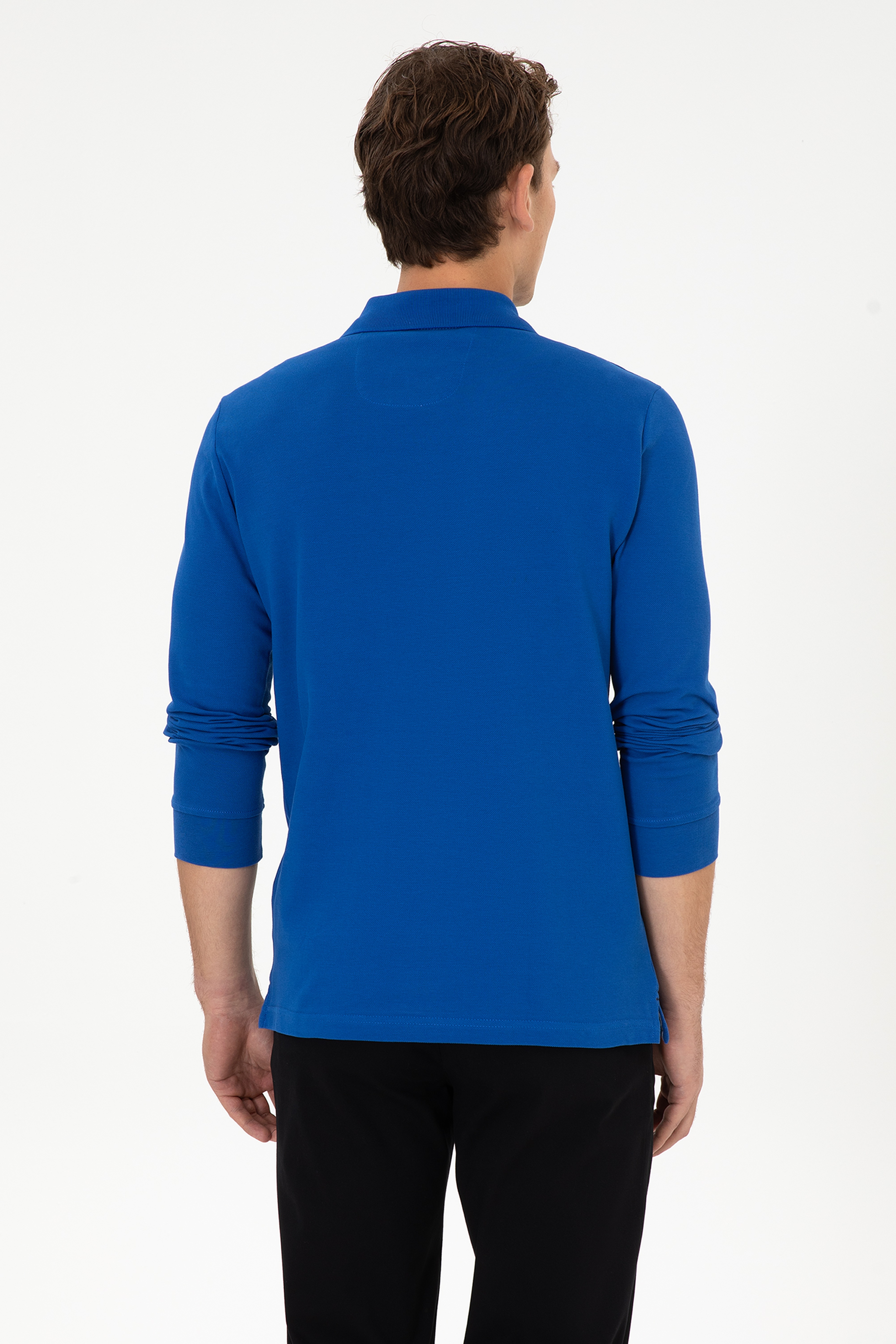Erkek Regular Fit Polo Yaka Mavi Basic Sweatshirt - Image 5