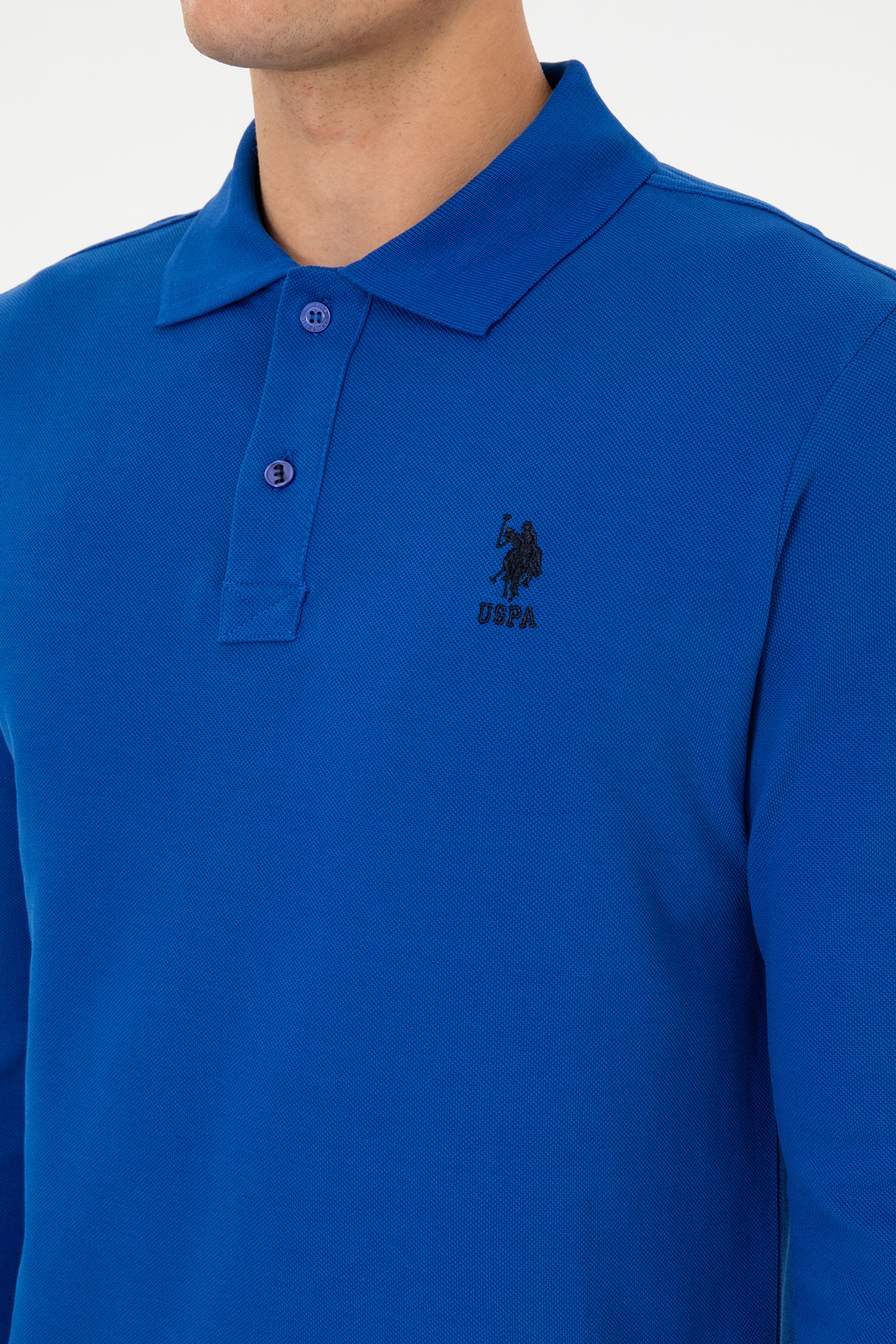 Erkek Regular Fit Polo Yaka Mavi Basic Sweatshirt