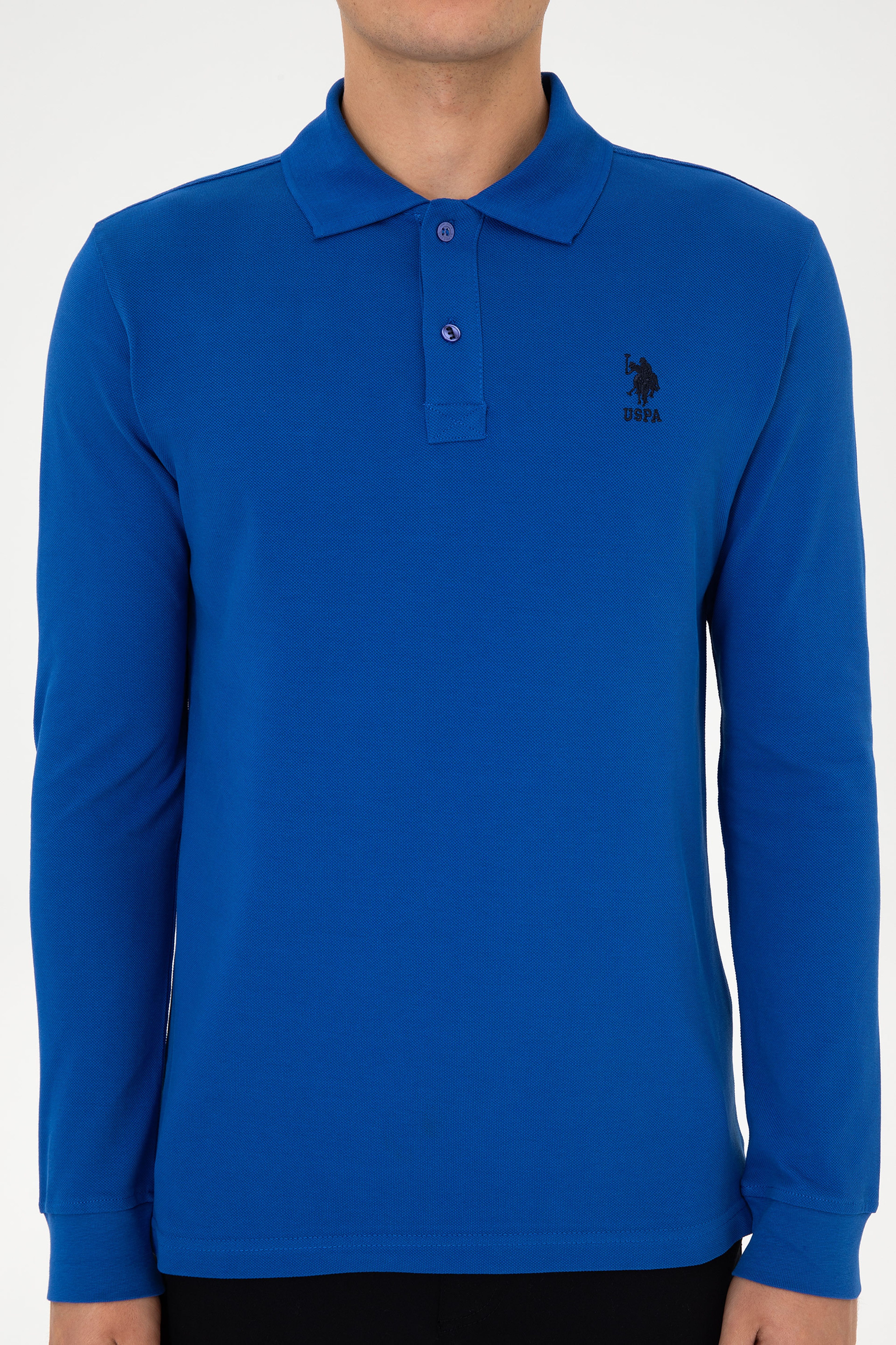 Erkek Regular Fit Polo Yaka Mavi Basic Sweatshirt