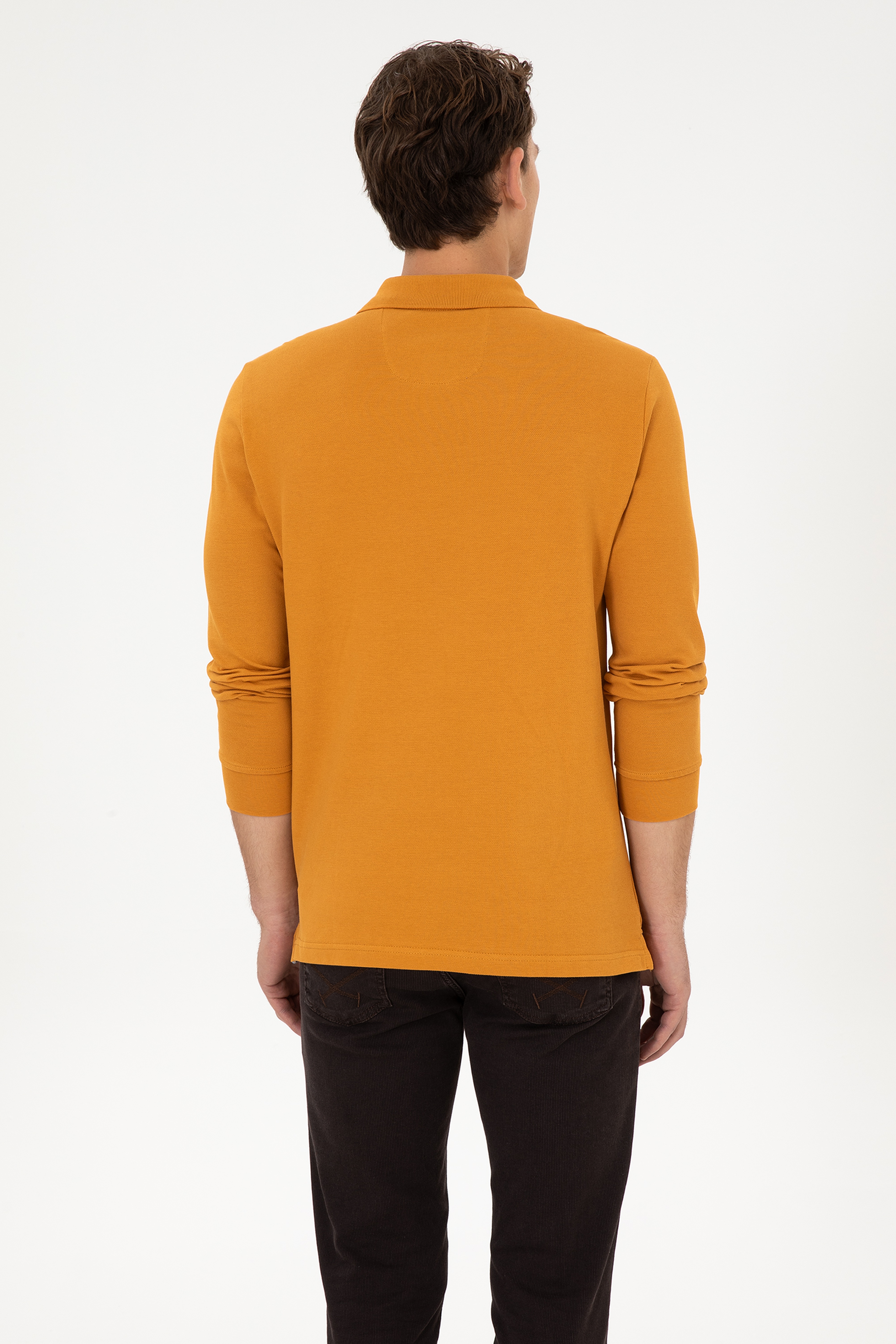 Erkek Regular Fit Polo Yaka Hardal Basic Sweatshirt - Image 5