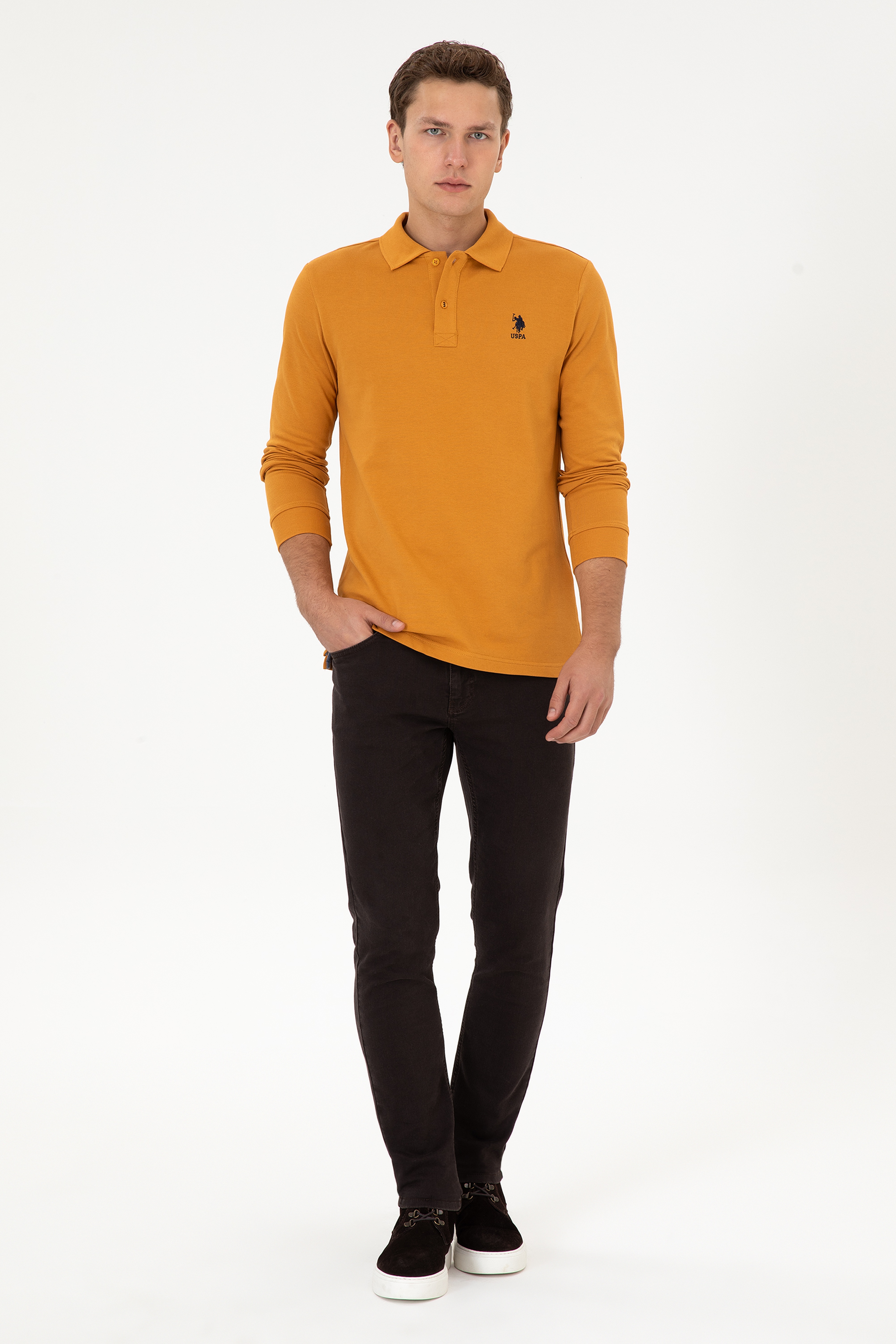 Erkek Regular Fit Polo Yaka Hardal Basic Sweatshirt