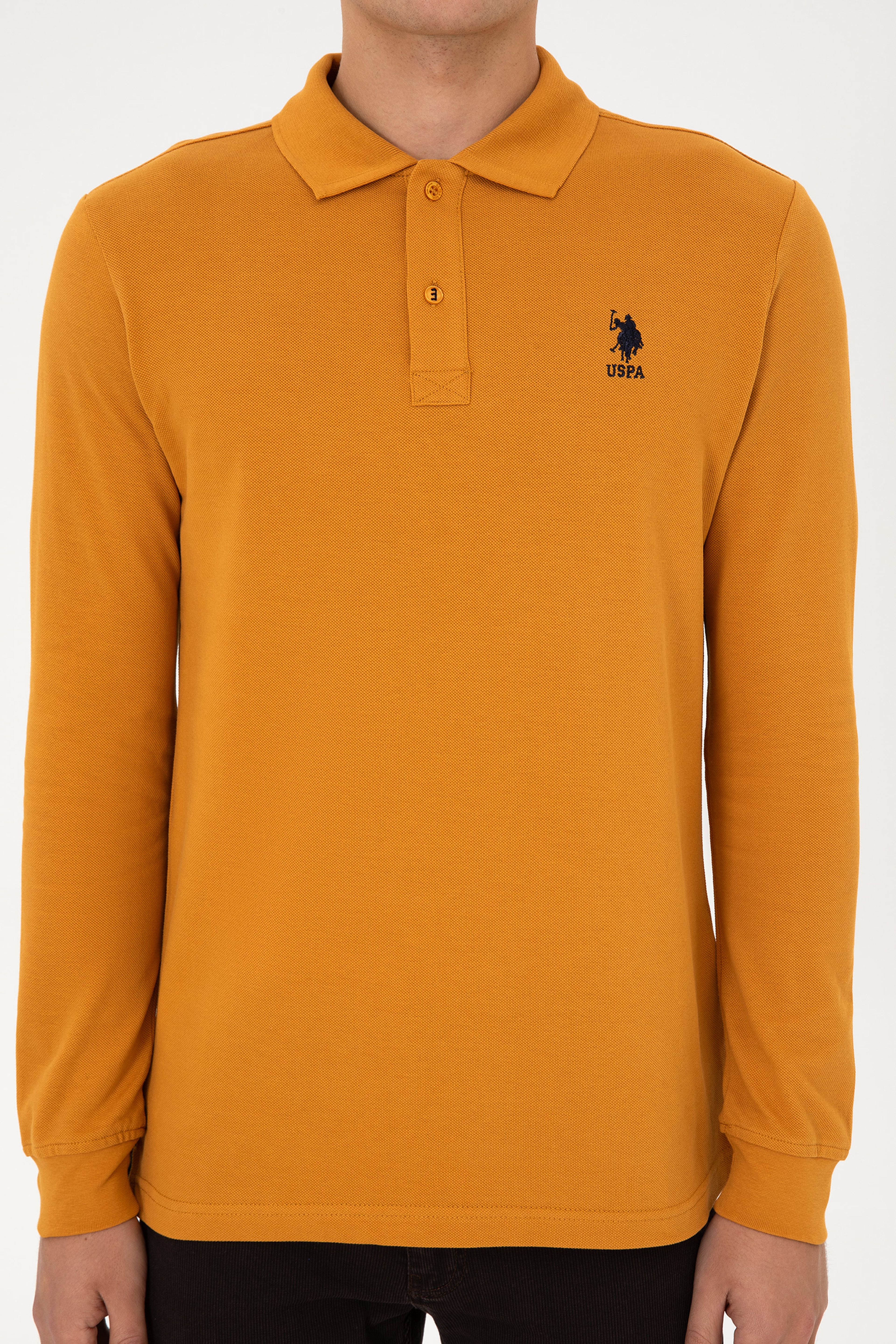 Erkek Regular Fit Polo Yaka Hardal Basic Sweatshirt
