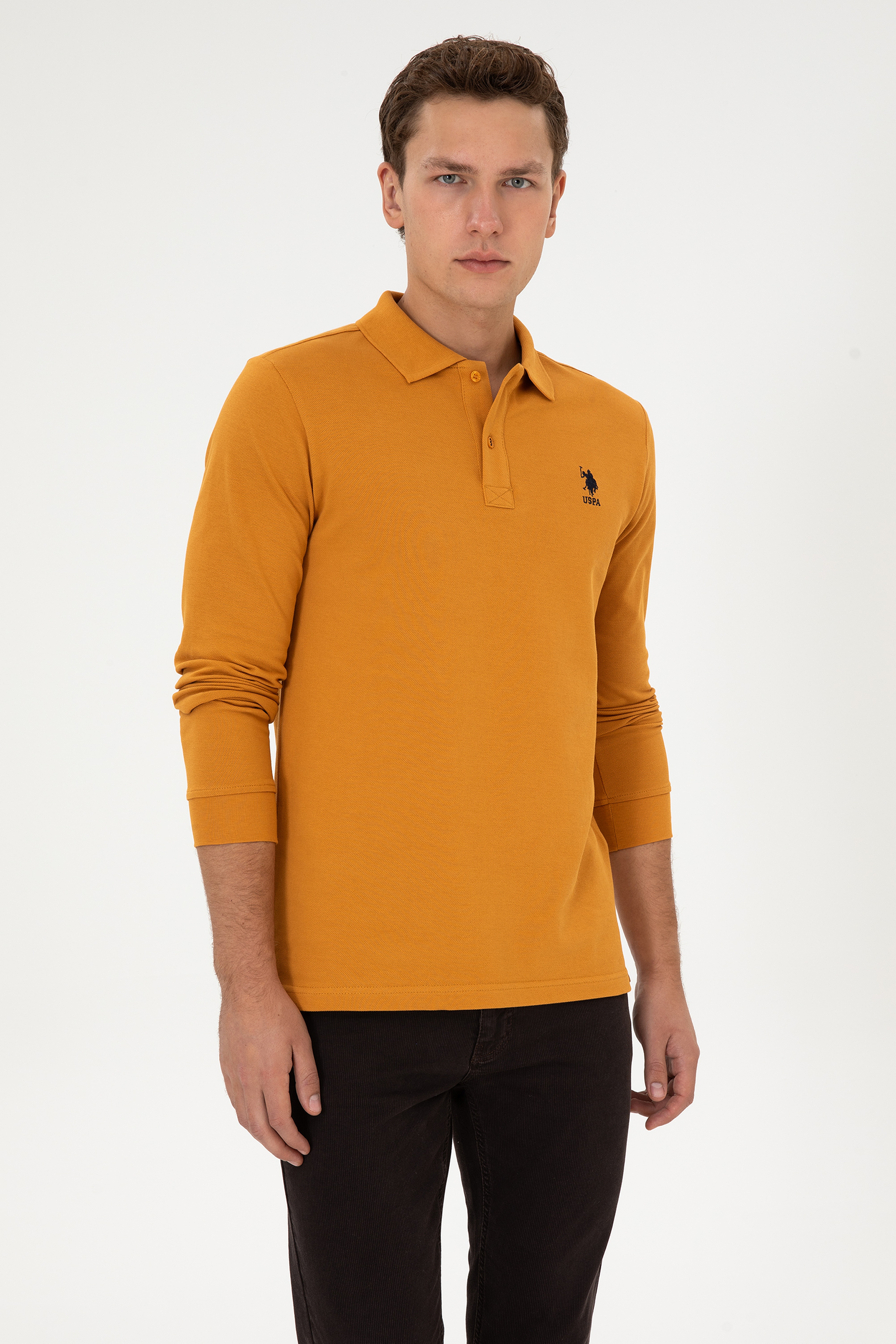 Erkek Regular Fit Polo Yaka Hardal Basic Sweatshirt