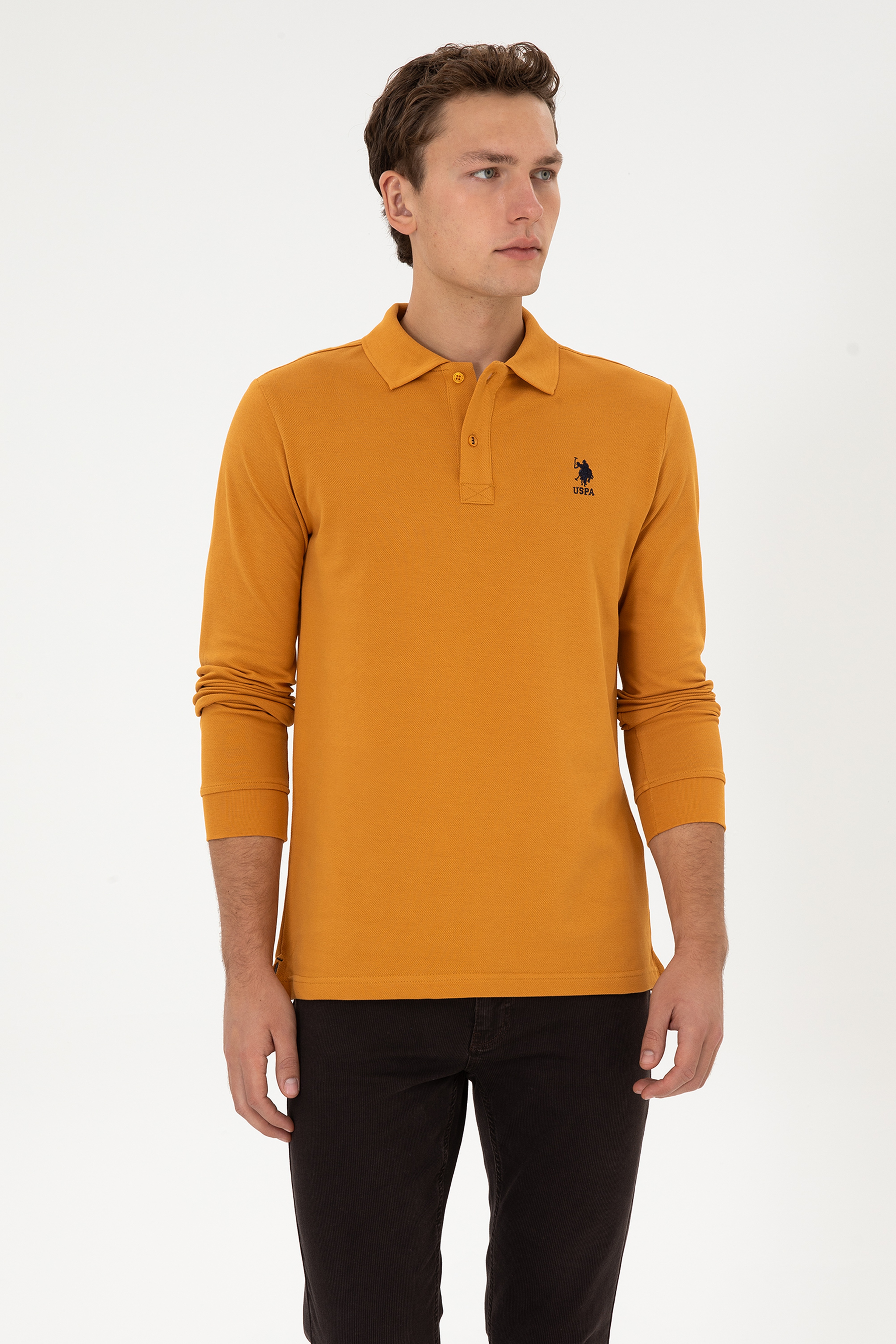 Erkek Regular Fit Polo Yaka Hardal Basic Sweatshirt - Image 1