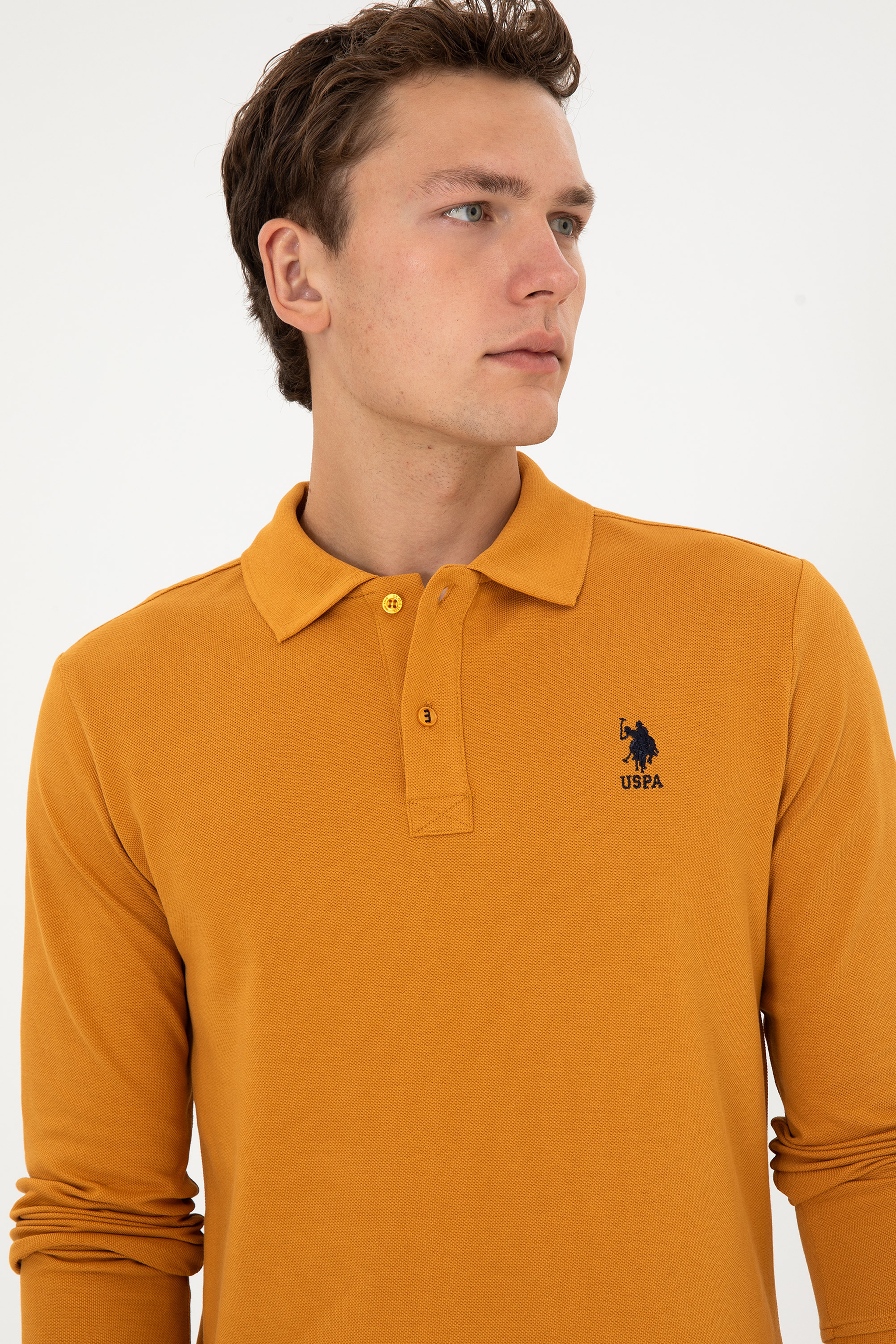 Erkek Regular Fit Polo Yaka Hardal Basic Sweatshirt - Image 2