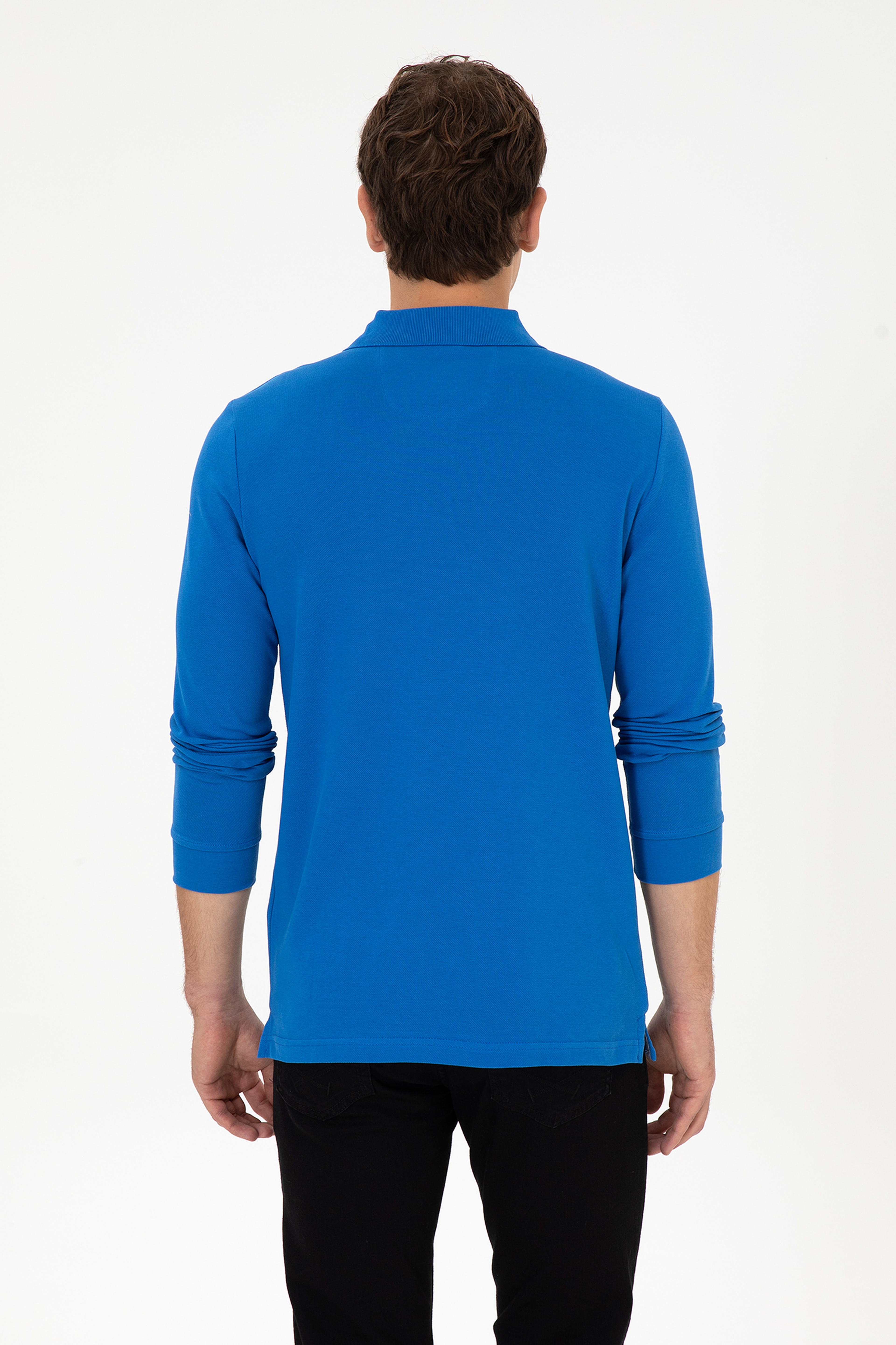 Erkek Regular Fit Polo Yaka Saks Basic Sweatshirt