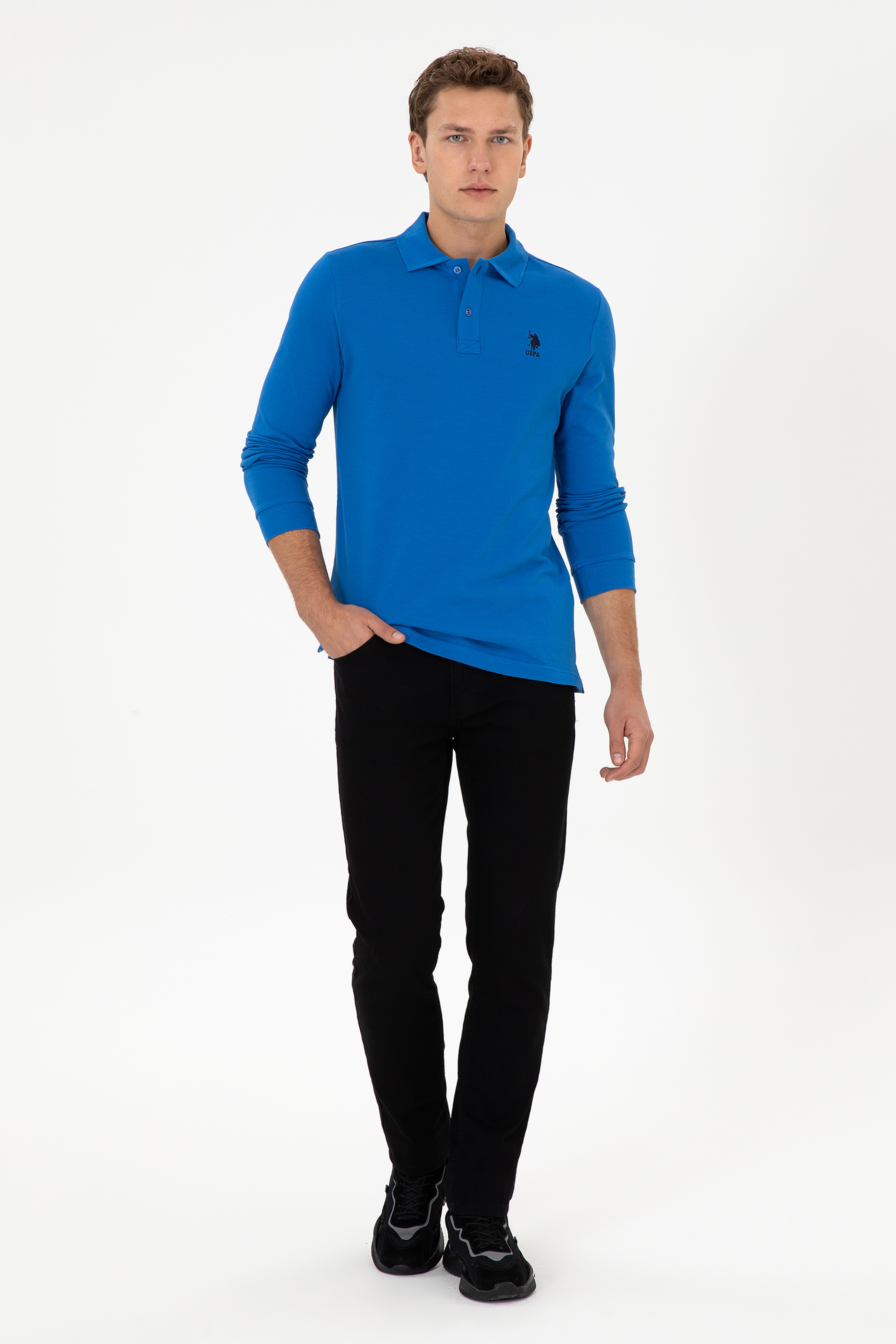 Erkek Regular Fit Polo Yaka Saks Basic Sweatshirt
