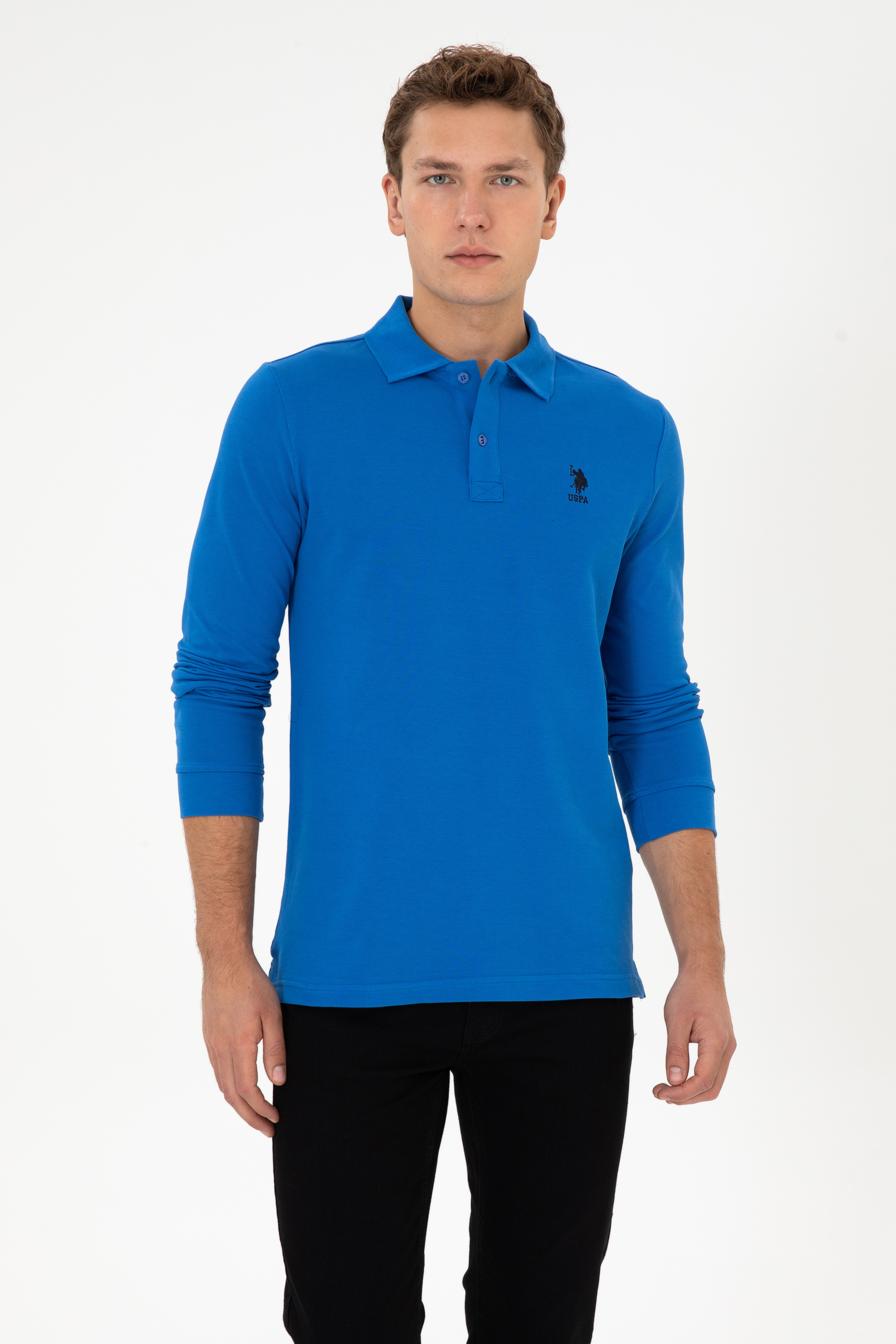 Erkek Regular Fit Polo Yaka Saks Basic Sweatshirt - Image 3