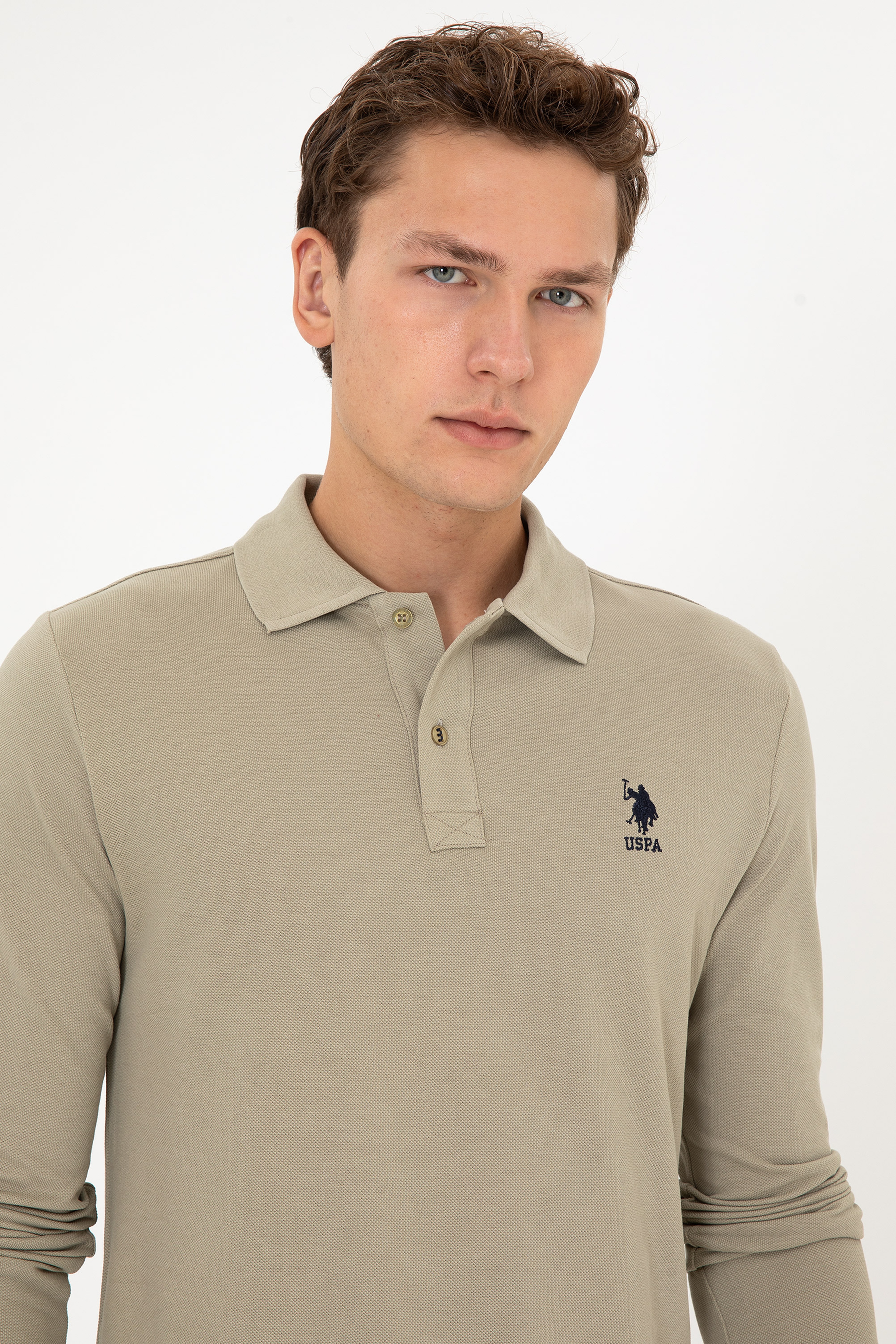 Erkek Regular Fit Polo Yaka Açık Haki Basic Sweatshirt - Image 2