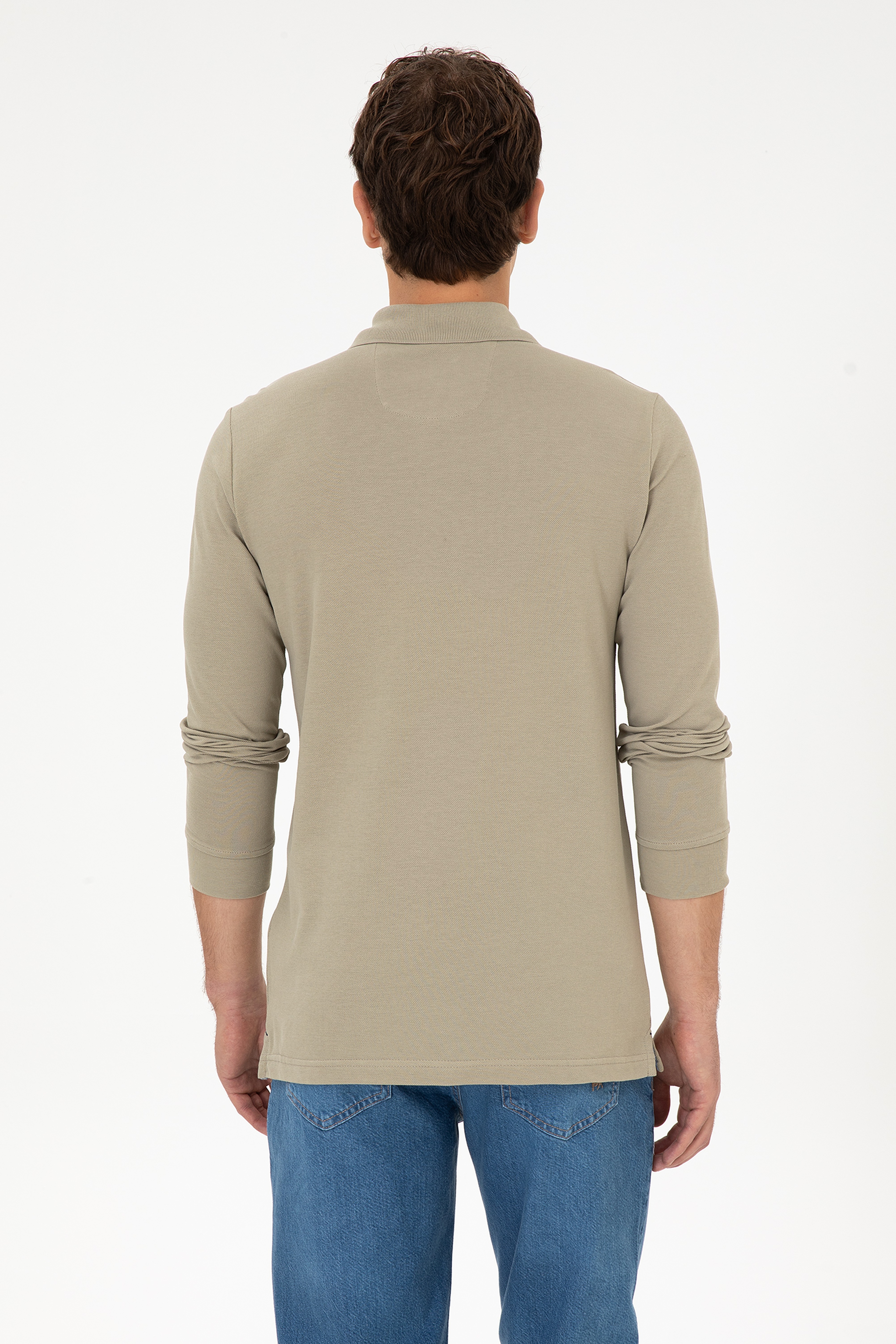 Erkek Regular Fit Polo Yaka Açık Haki Basic Sweatshirt